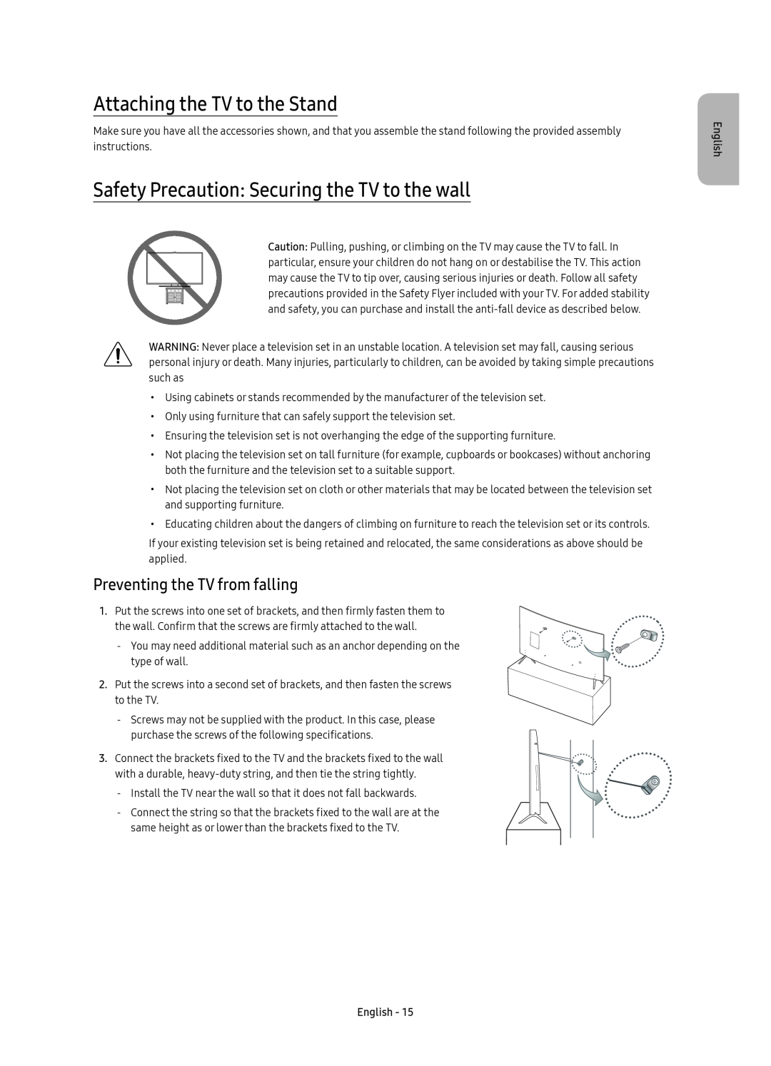 Samsung UE55KU6510UXZT manual Attaching the TV to the Stand, Safety Precaution Securing the TV to the wall, English 