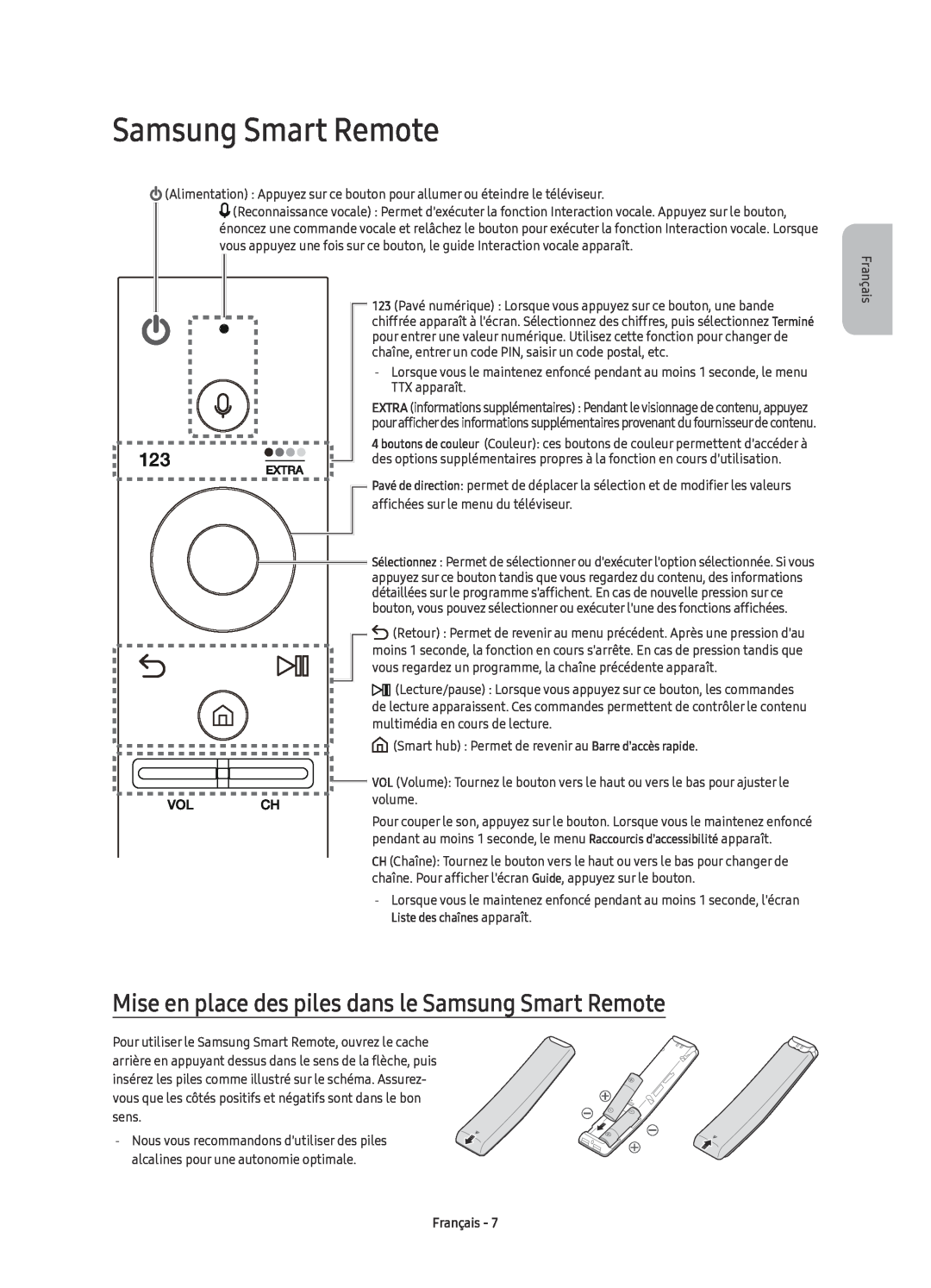 Samsung UE55KU6510UXZF, UE55KU6510UXZG, UE49KU6510UXZG Mise en place des piles dans le Samsung Smart Remote, Français 