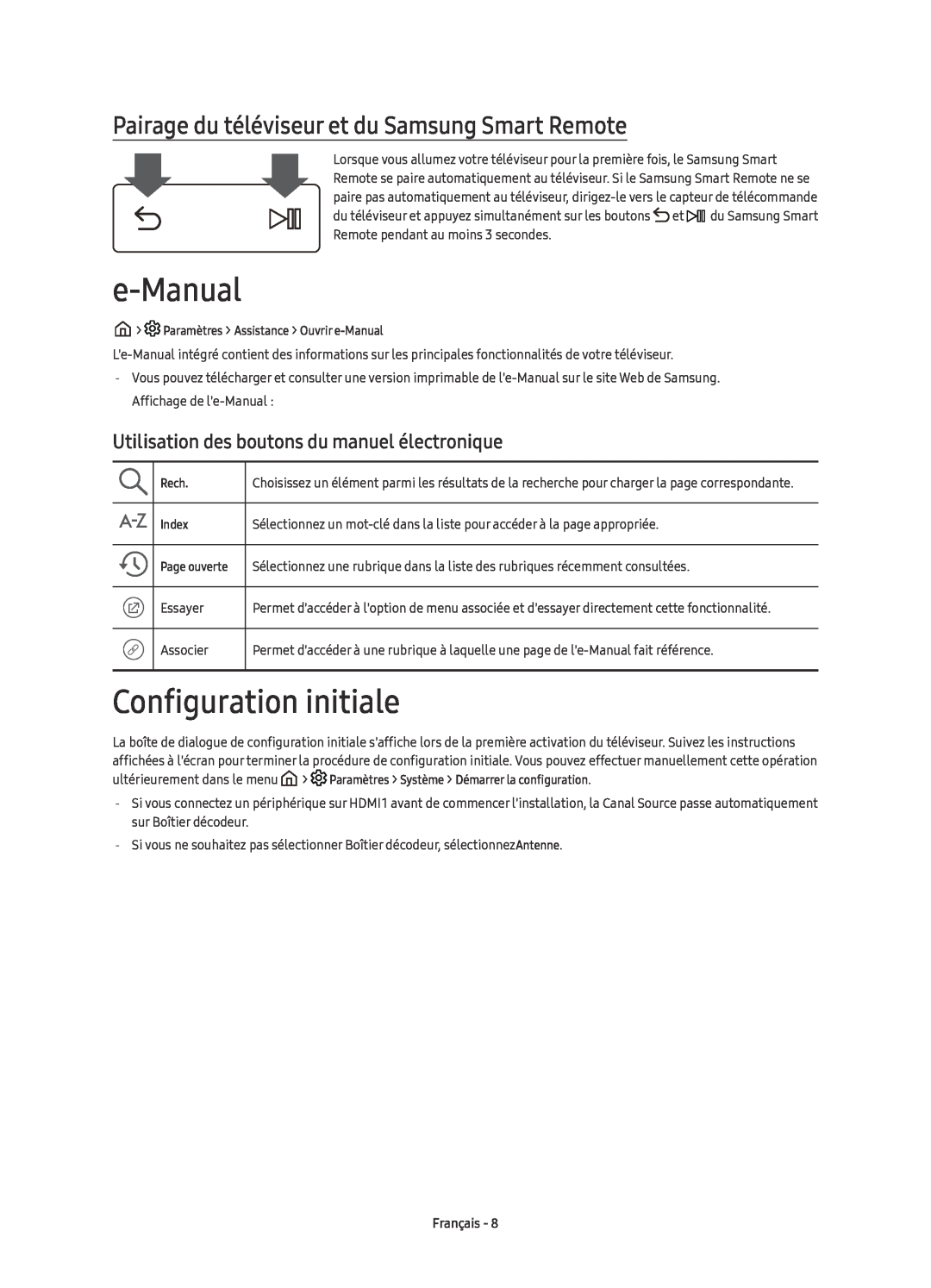 Samsung UE49KU6510UXZT manual e-Manual, Configuration initiale, Pairage du téléviseur et du Samsung Smart Remote, Français 