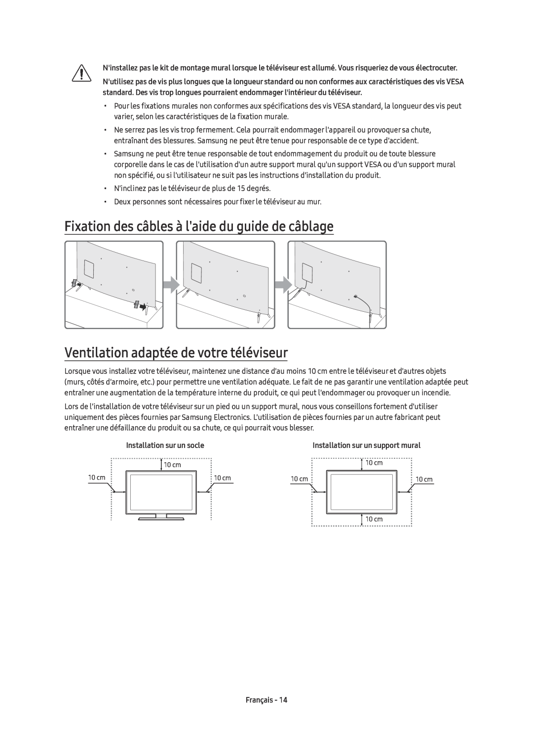 Samsung UE55KU6510UXZG Fixation des câbles à laide du guide de câblage, Ventilation adaptée de votre téléviseur, Français 