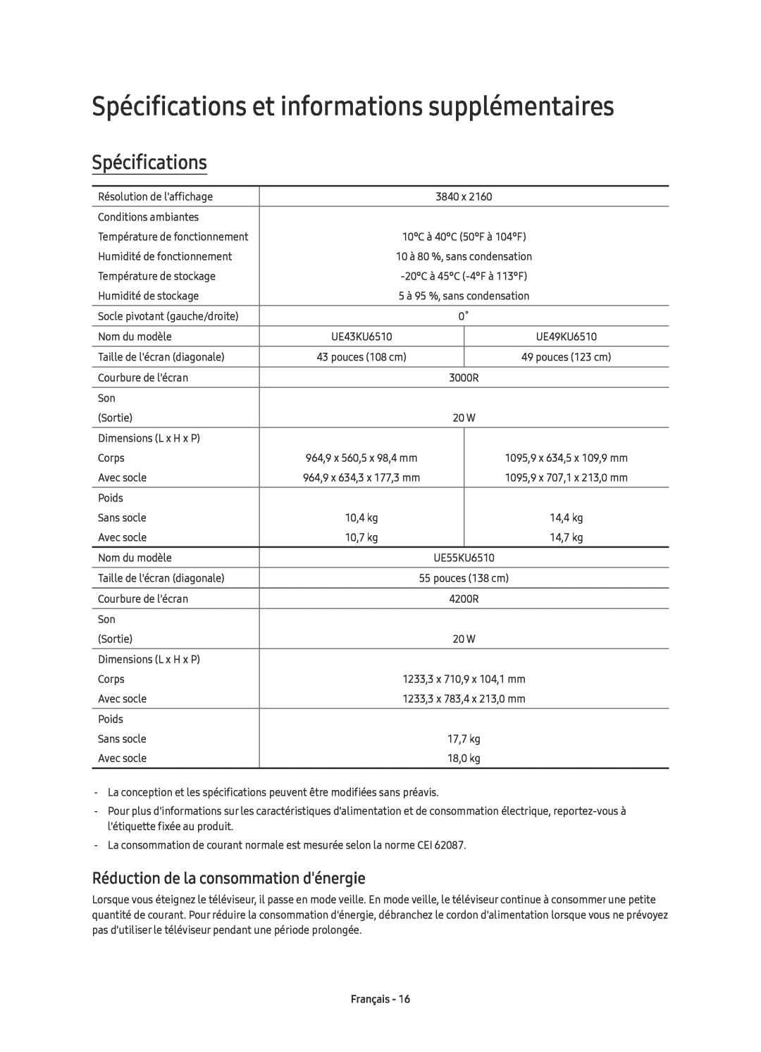 Samsung UE49KU6510UXZF Spécifications et informations supplémentaires, Réduction de la consommation dénergie, Français 