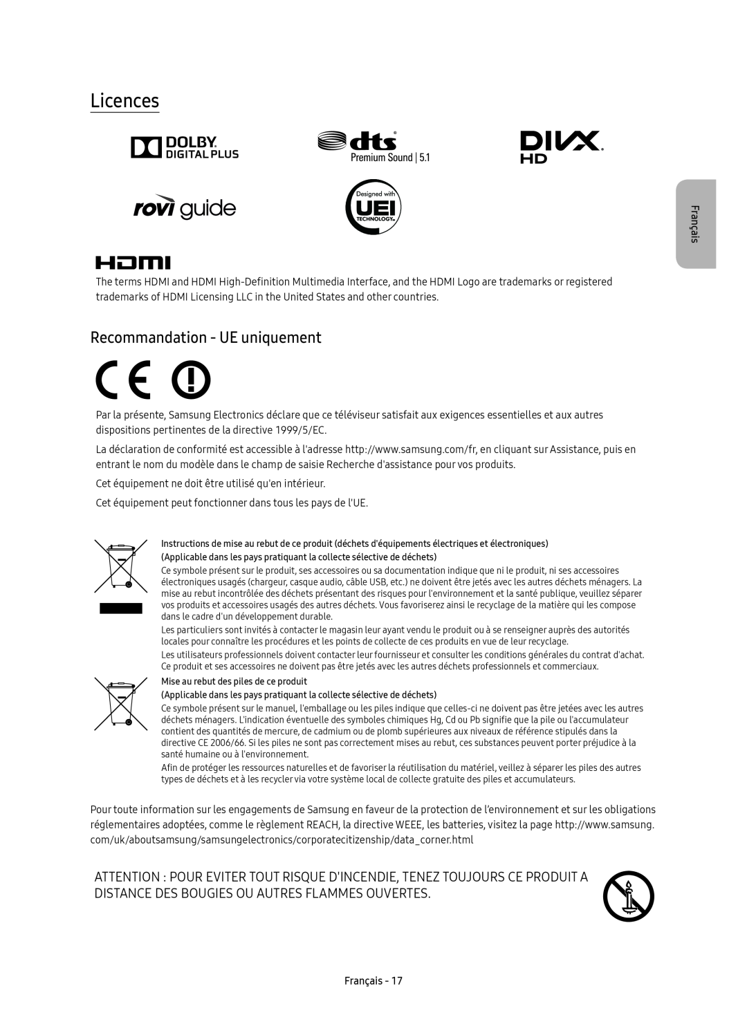 Samsung UE55KU6510UXZF manual Recommandation - UE uniquement, Licences, Français, Mise au rebut des piles de ce produit 
