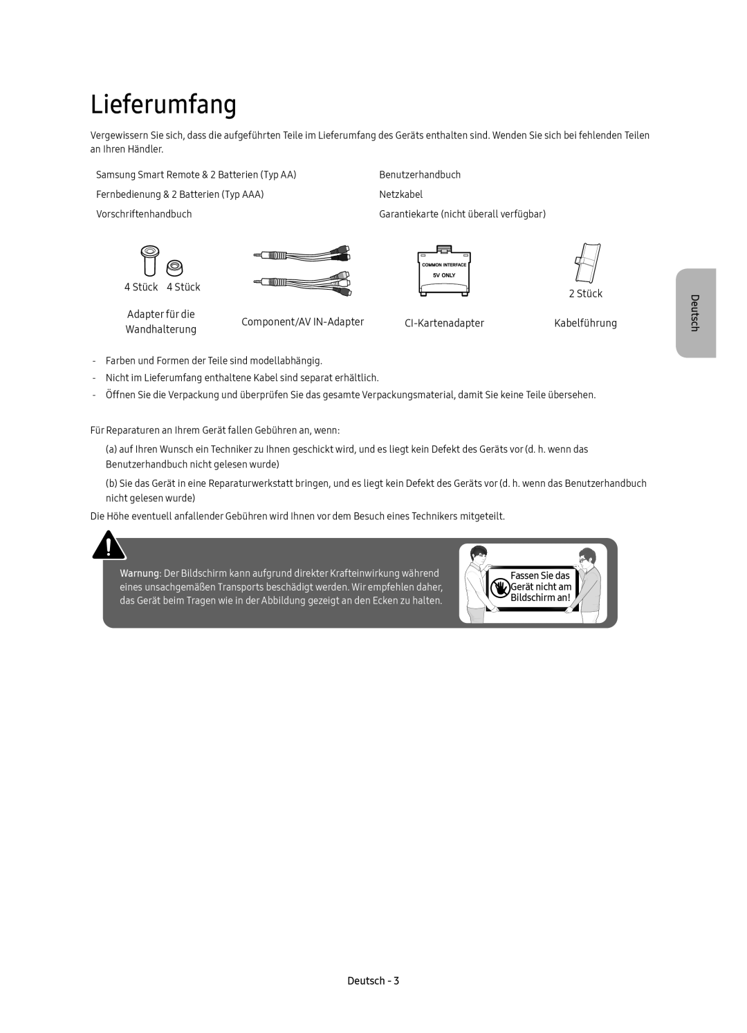 Samsung UE55KU6510UXZT manual Lieferumfang, Deutsch, Warnung Der Bildschirm kann aufgrund direkter Krafteinwirkung während 