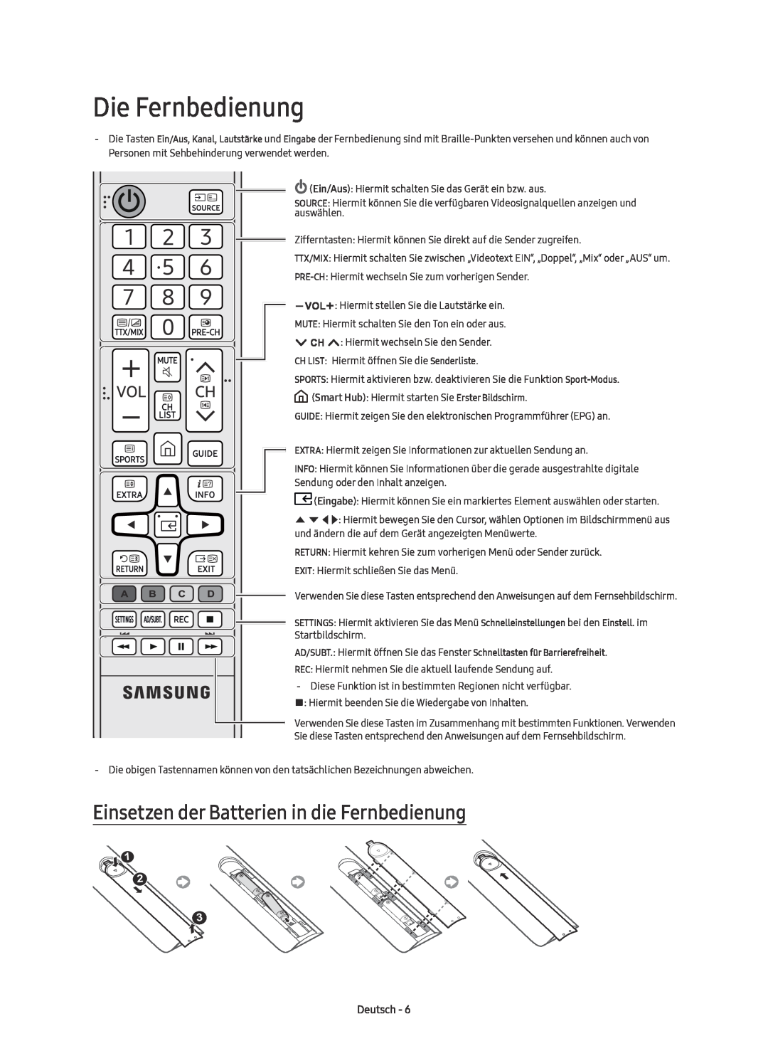 Samsung UE49KU6510UXXU, UE55KU6510UXZG manual Die Fernbedienung, Einsetzen der Batterien in die Fernbedienung, Deutsch 