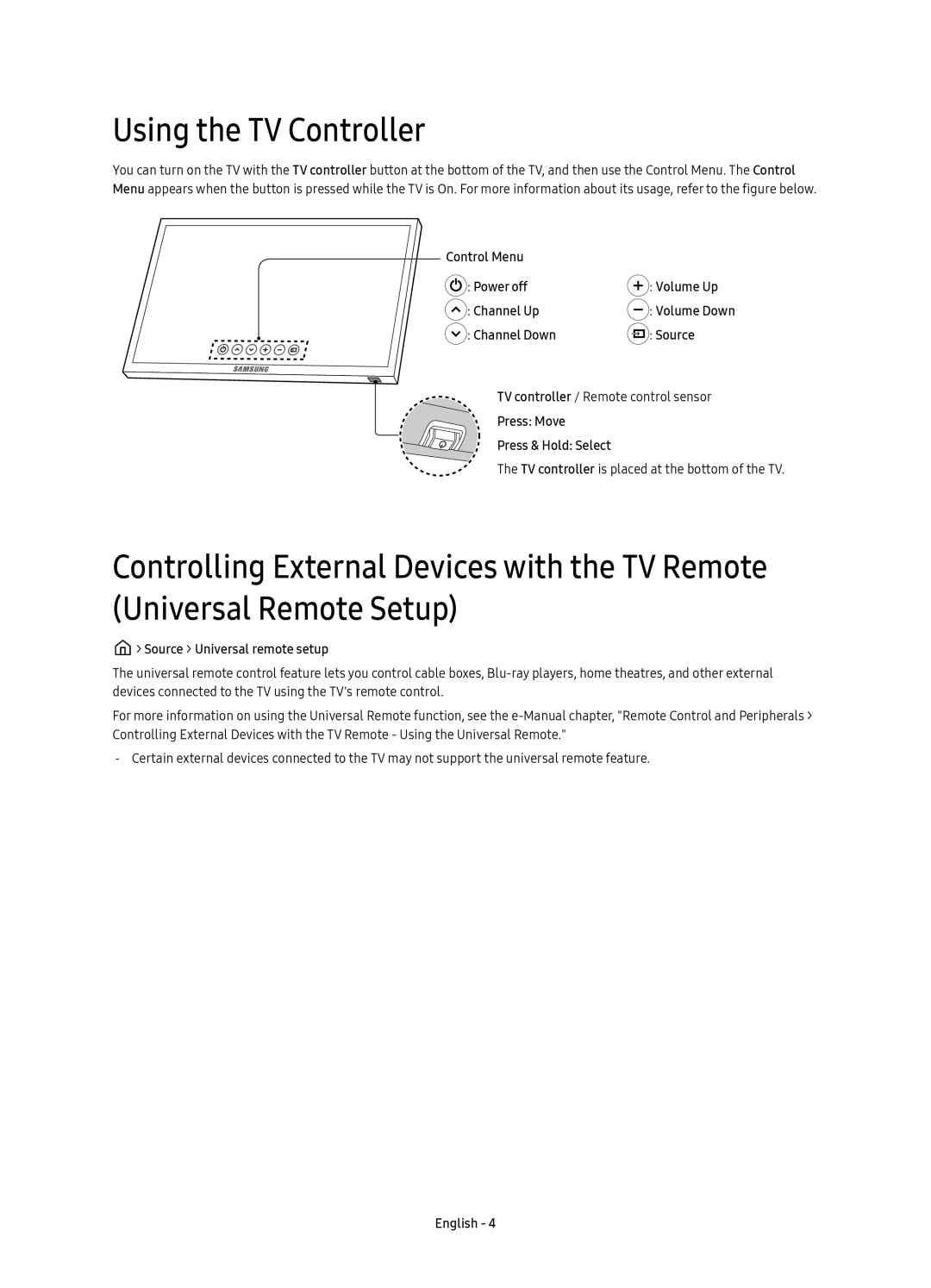 Samsung UE49KU6510UXZT manual Using the TV Controller, Control Menu, Power off, Volume Up, Channel Up, Channel Down, Source 