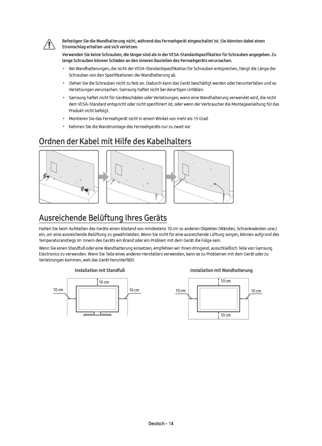 Samsung UE55KU6510UXXC manual Ordnen der Kabel mit Hilfe des Kabelhalters, Ausreichende Belüftung Ihres Geräts, Deutsch 
