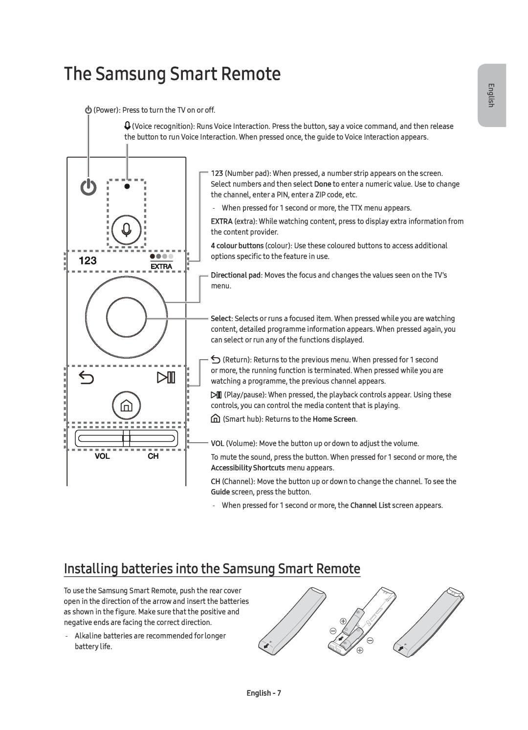 Samsung UE49KU6510UXXC manual The Samsung Smart Remote, Installing batteries into the Samsung Smart Remote, English 