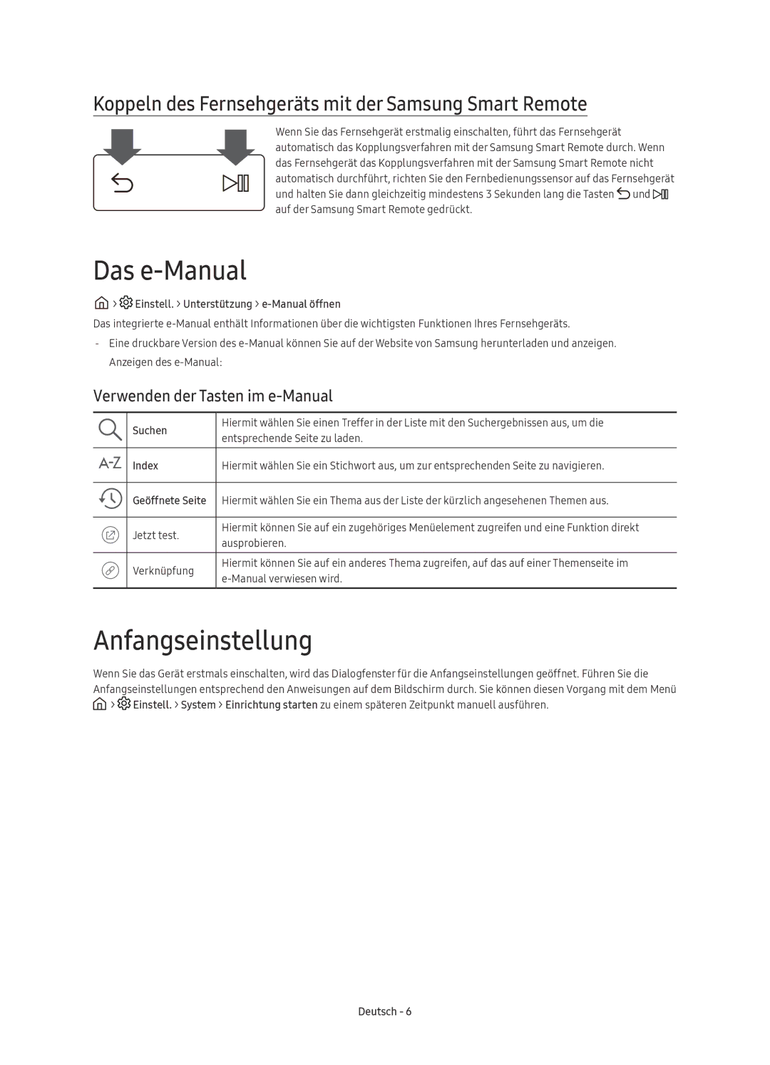 Samsung UE49KU6510UXZF manual Das e-Manual, Anfangseinstellung, Koppeln des Fernsehgeräts mit der Samsung Smart Remote 