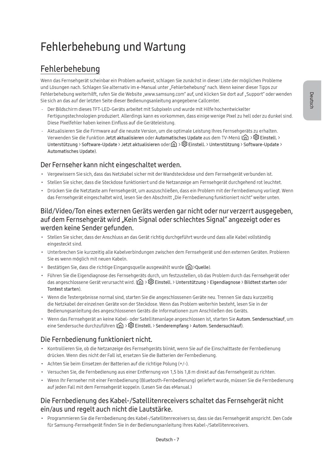 Samsung UE55KU6510UXZF, UE55KU6519UXZG manual Fehlerbehebung und Wartung, Der Fernseher kann nicht eingeschaltet werden 