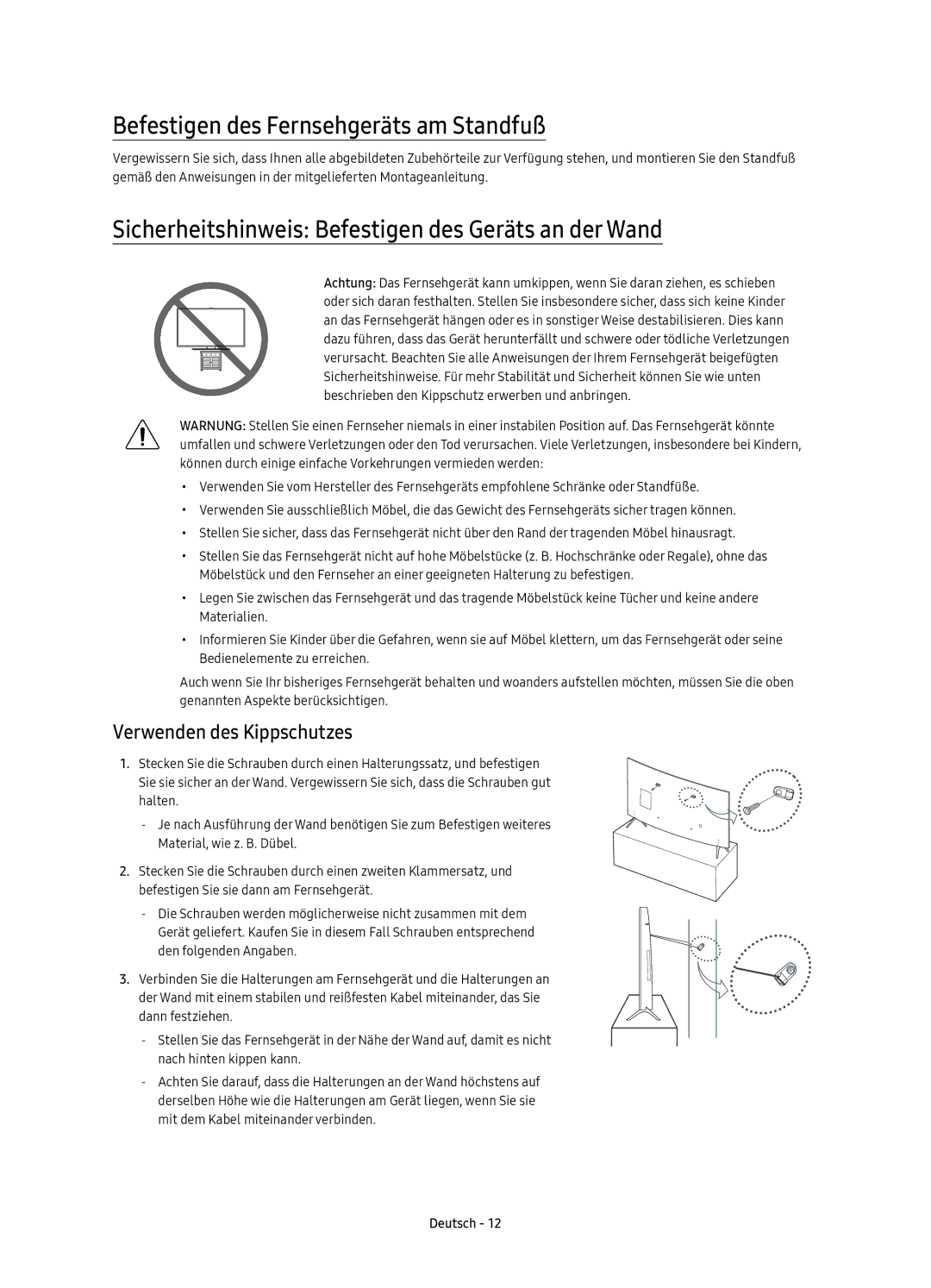 Samsung UE43KU6510UXZG Befestigen des Fernsehgeräts am Standfuß, Sicherheitshinweis Befestigen des Geräts an der Wand 