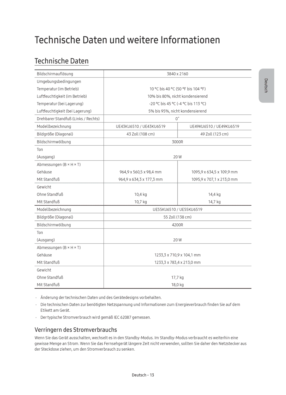 Samsung UE49KU6510UXXU, UE55KU6519UXZG manual Technische Daten und weitere Informationen, Verringern des Stromverbrauchs 