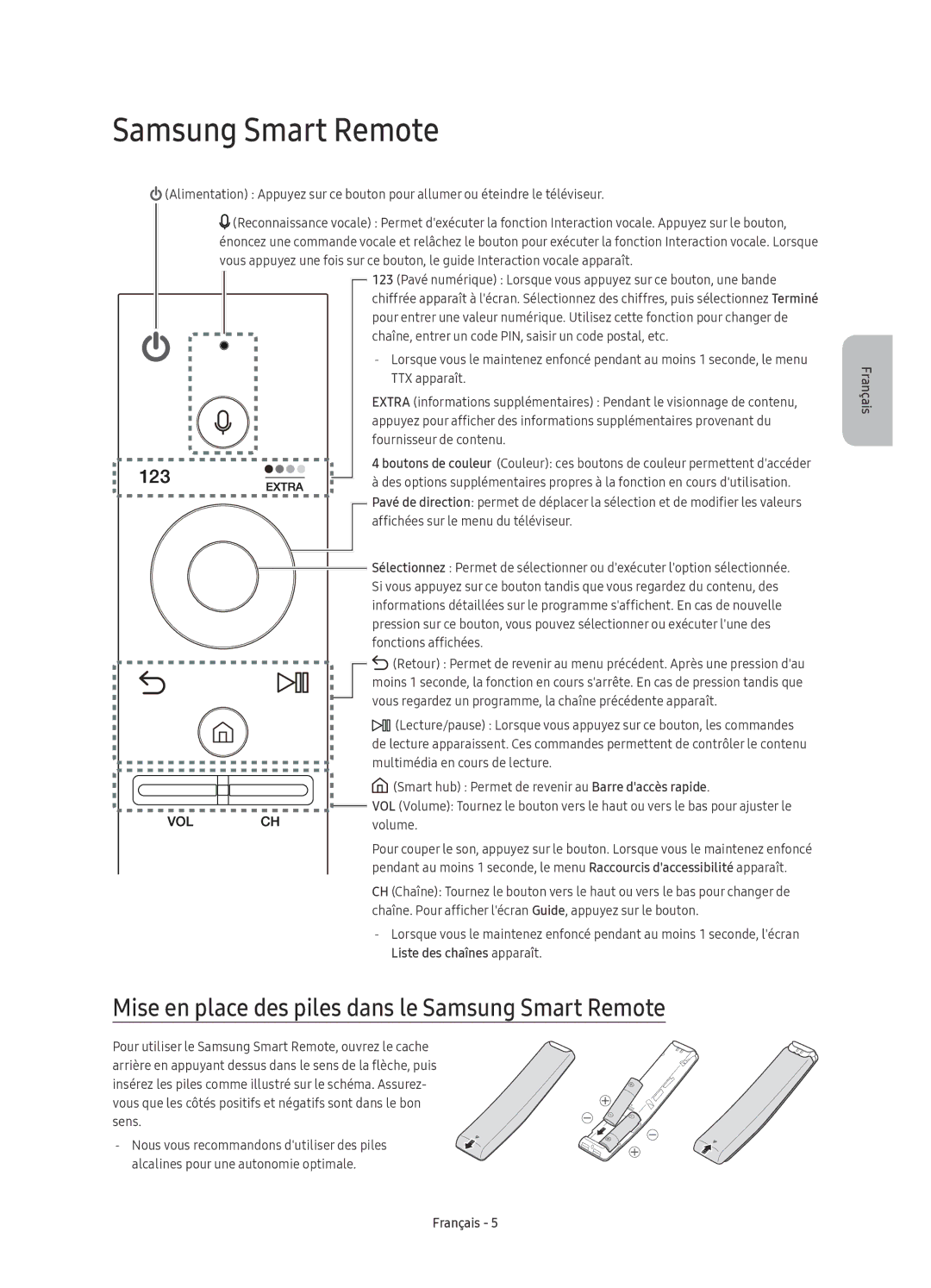 Samsung UE55KU6510UXZG, UE55KU6519UXZG, UE49KU6519UXZG manual Mise en place des piles dans le Samsung Smart Remote 