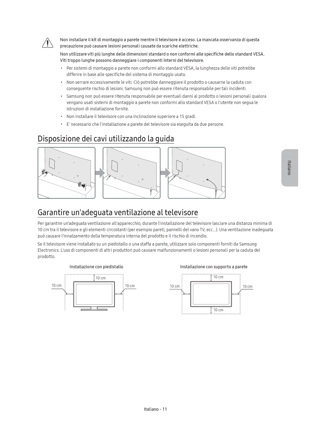 Samsung UE55KU6510UXZT manual Disposizione dei cavi utilizzando la guida, Garantire unadeguata ventilazione al televisore 