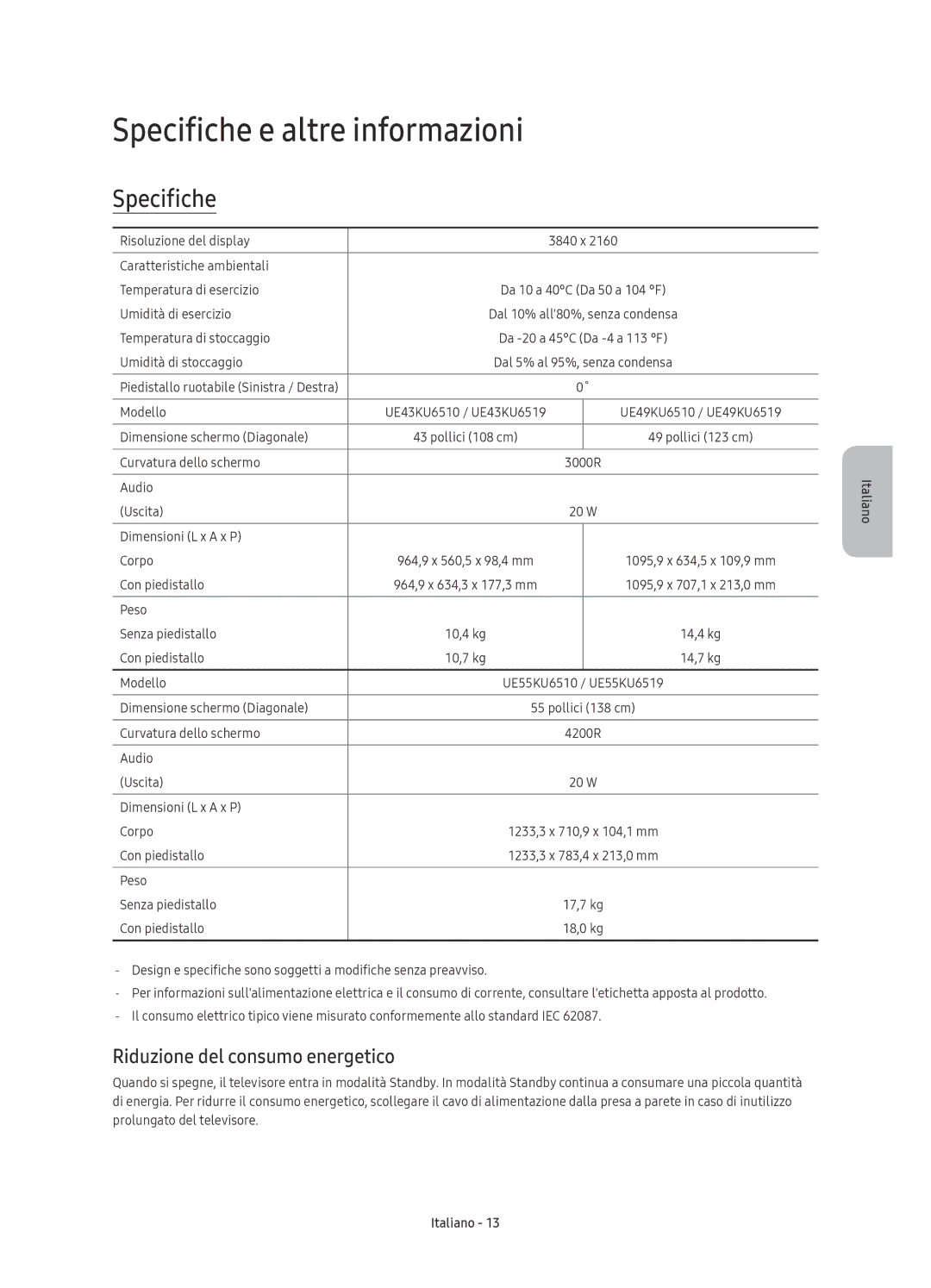 Samsung UE49KU6510UXXC, UE55KU6519UXZG, UE49KU6519UXZG Specifiche e altre informazioni, Riduzione del consumo energetico 