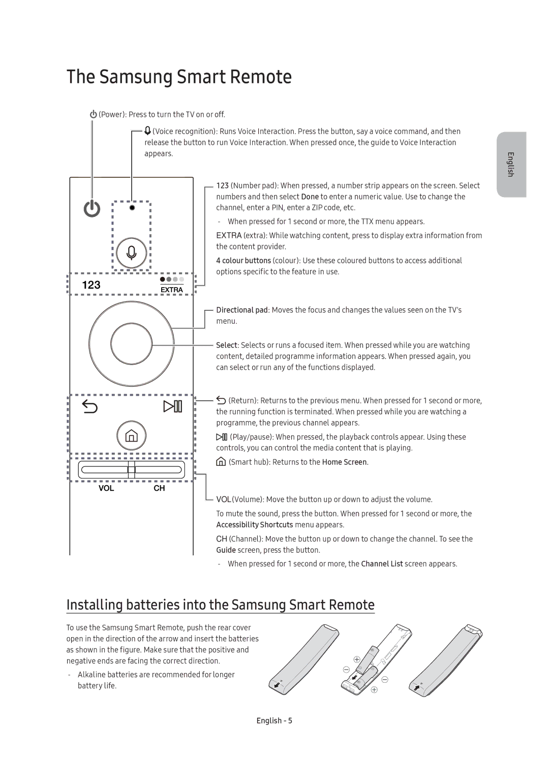 Samsung UE55KU6650UXRU, UE55KU6670UXRU, UE43KU6670UXRU manual Installing batteries into the Samsung Smart Remote 