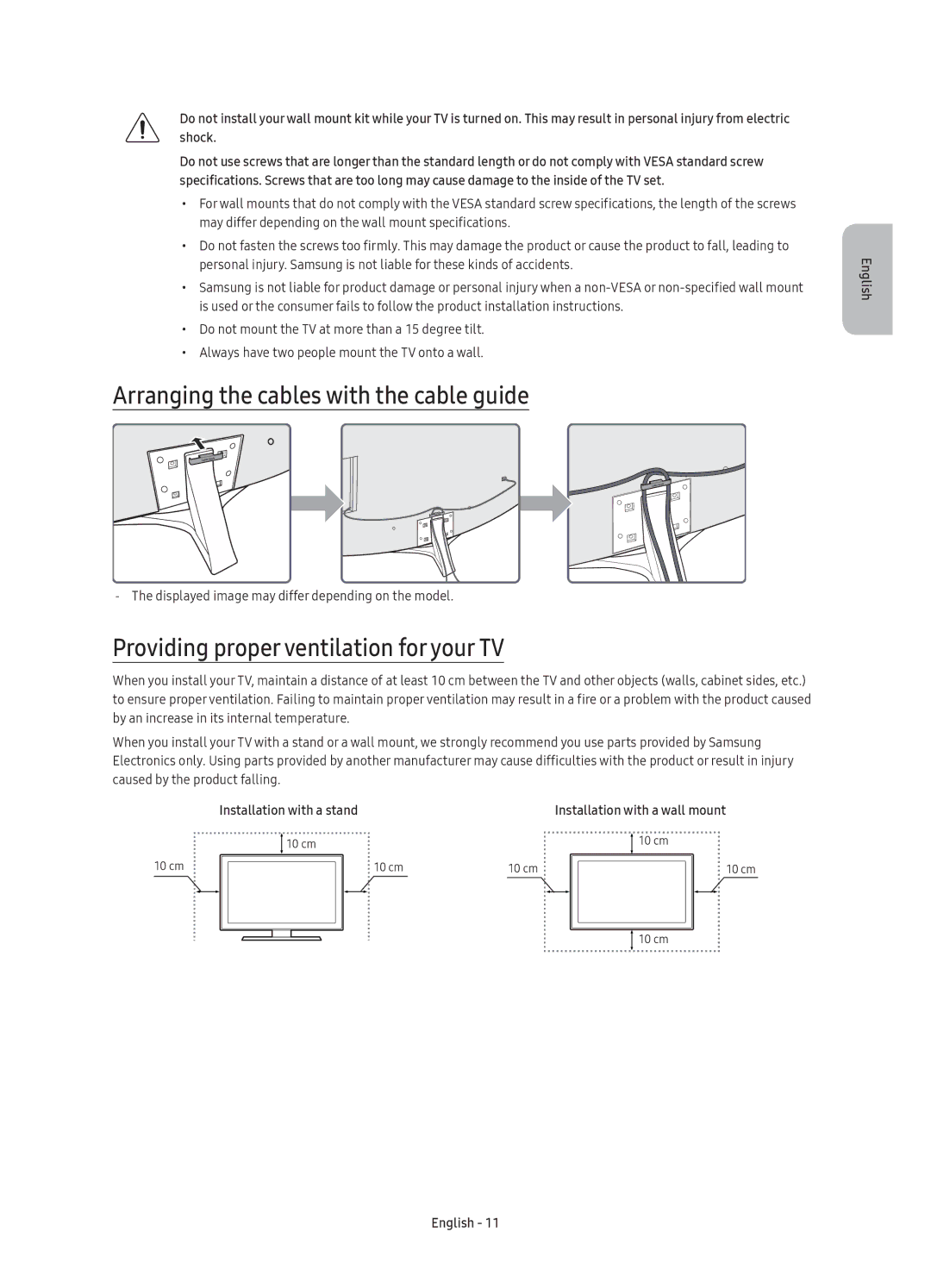 Samsung UE43KU6650UXRU, UE55KU6650UXRU Arranging the cables with the cable guide, Providing proper ventilation for your TV 