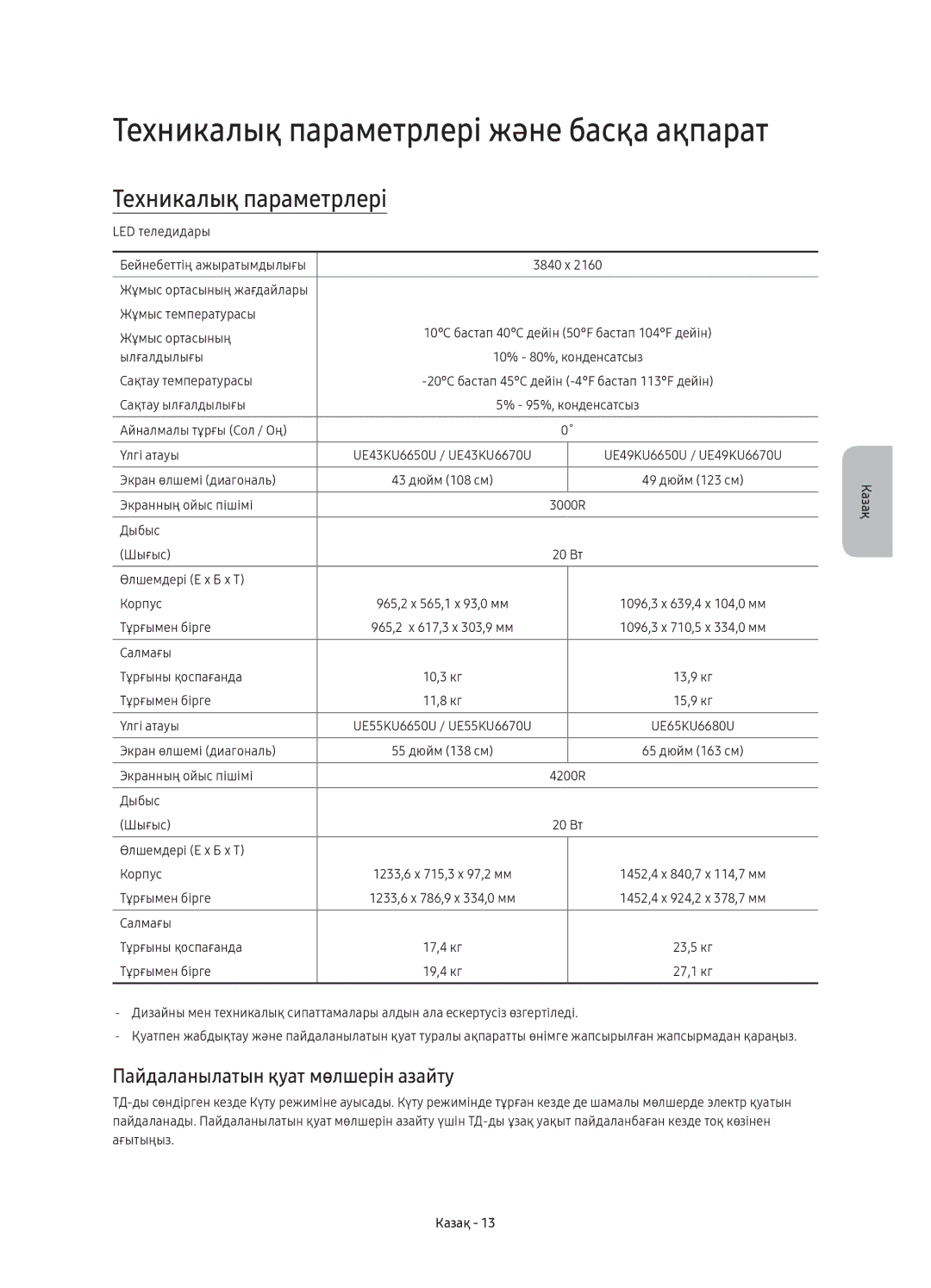 Samsung UE55KU6670UXRU, UE55KU6650UXRU Техникалық параметрлері және басқа ақпарат, Пайдаланылатын қуат мөлшерін азайту 