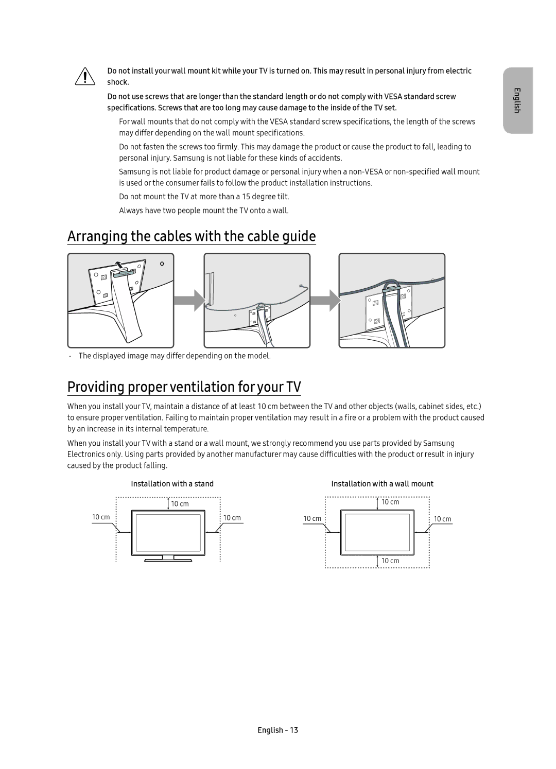 Samsung UE55KU6640UXZF, UE55KU6650UXZG Arranging the cables with the cable guide, Providing proper ventilation for your TV 