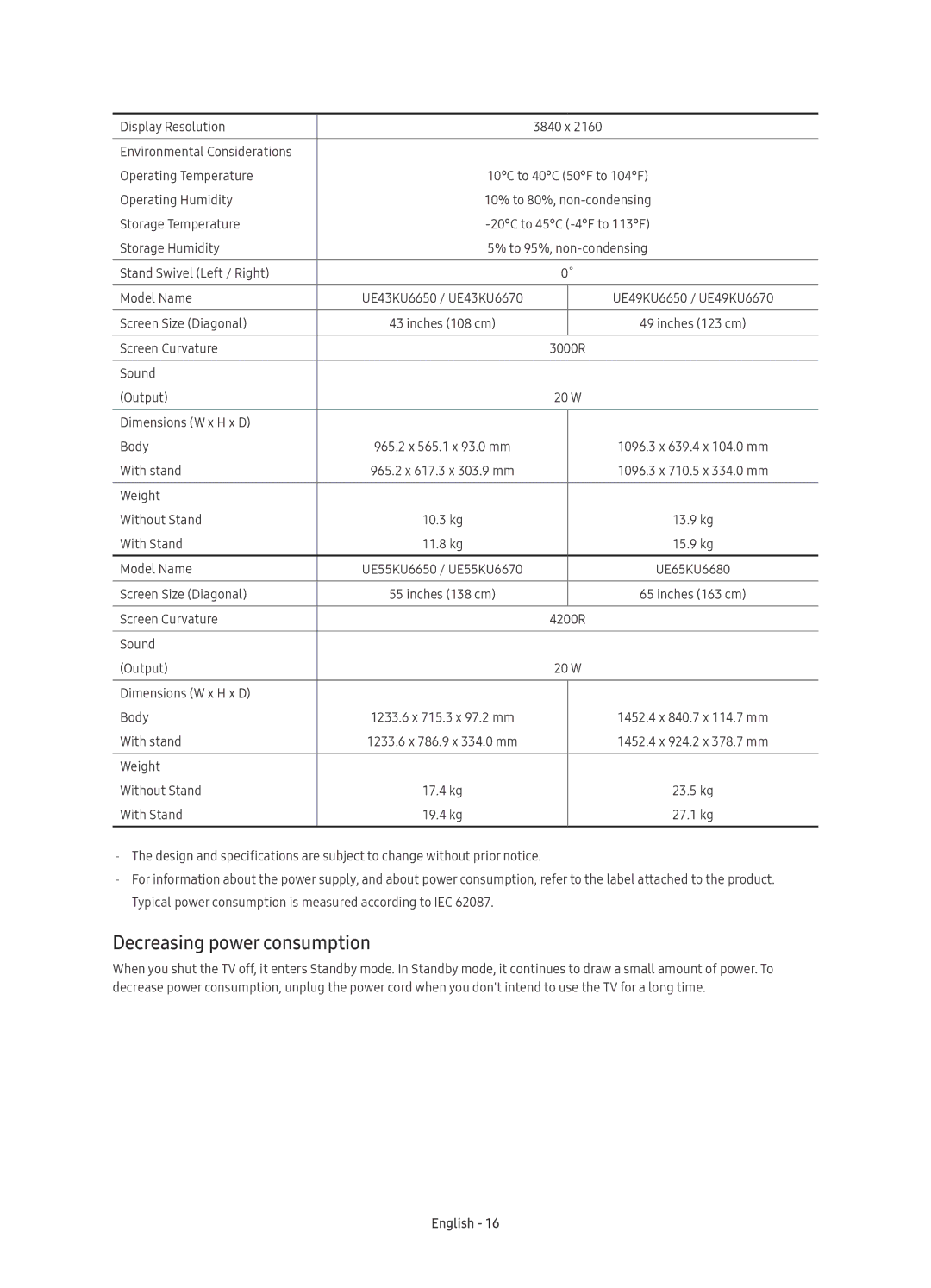 Samsung UE55KU6670UXZT, UE55KU6650UXZG, UE55KU6640UXZG, UE55KU6670UXZG, UE65KU6680UXZG manual Decreasing power consumption 