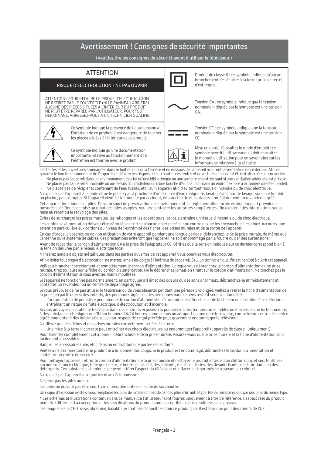 Samsung UE55KU6640UXZG, UE55KU6650UXZG, UE55KU6670UXZG, UE65KU6680UXZG Avertissement ! Consignes de sécurité importantes 