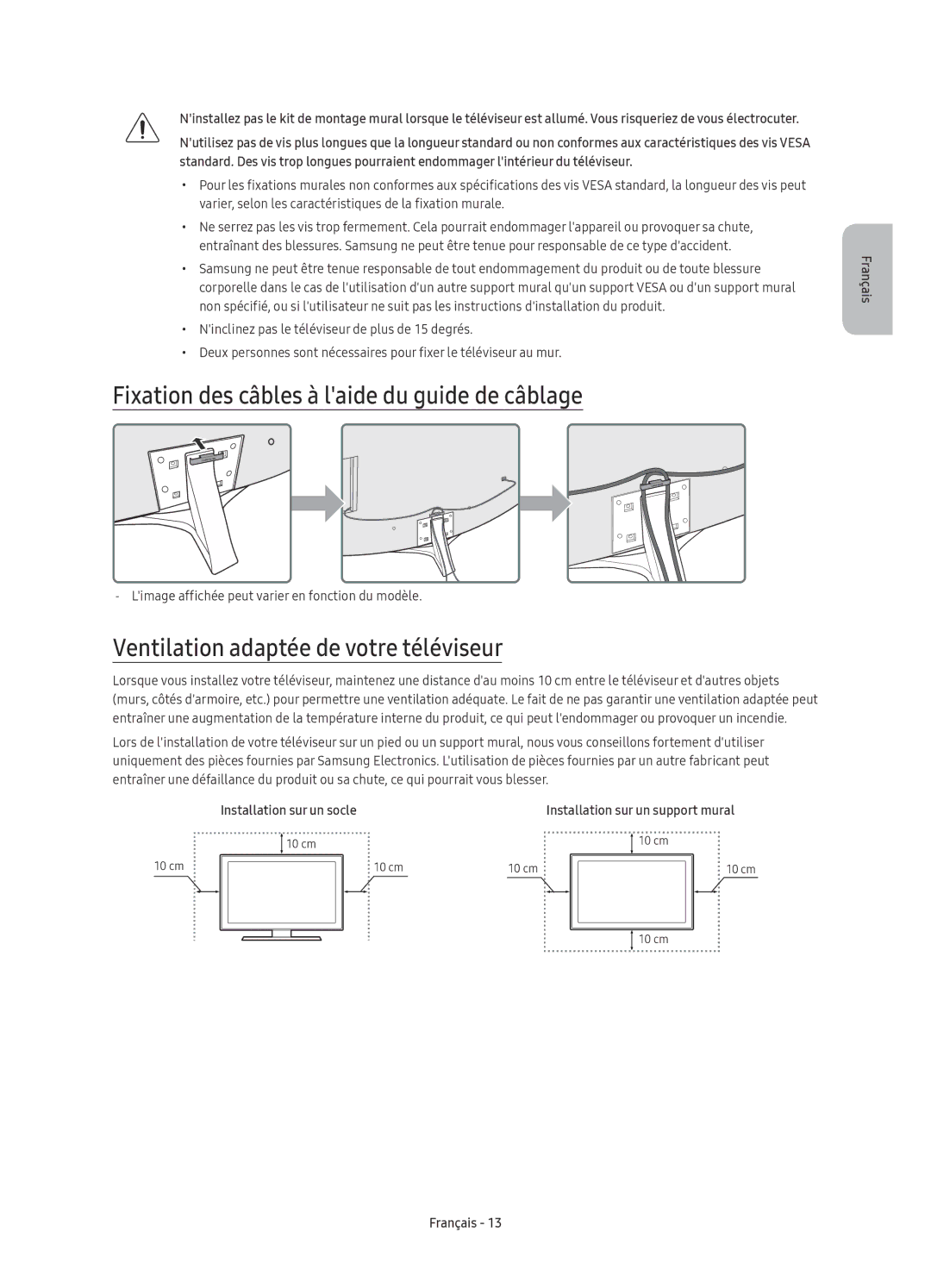 Samsung UE55KU6650UXZF manual Fixation des câbles à laide du guide de câblage, Ventilation adaptée de votre téléviseur 