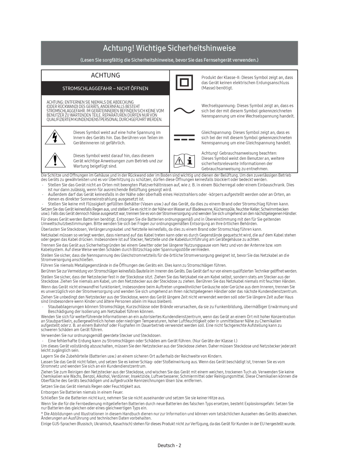 Samsung UE55KU6650UXZG, UE55KU6640UXZG, UE55KU6670UXZG, UE65KU6680UXZG, UE49KU6640UXZG Achtung! Wichtige Sicherheitshinweise 