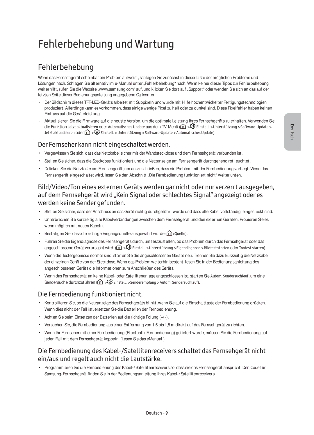 Samsung UE65KU6680UXZF, UE55KU6650UXZG manual Fehlerbehebung und Wartung, Der Fernseher kann nicht eingeschaltet werden 