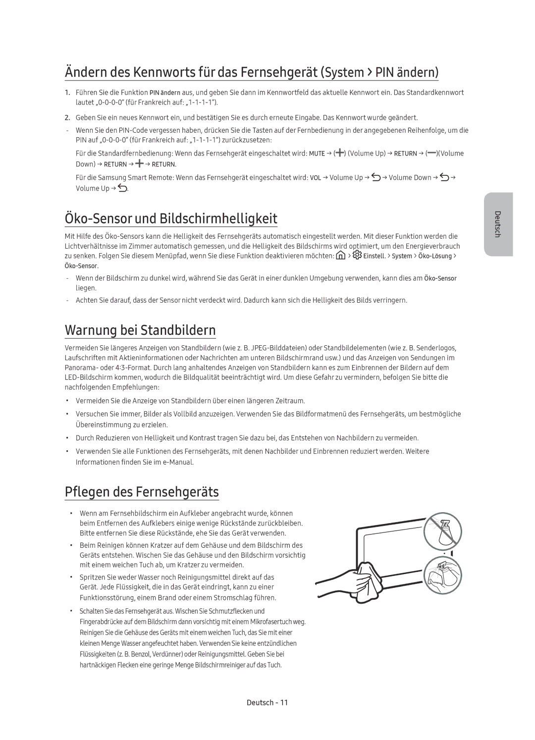 Samsung UE49KU6650UXZF manual Öko-Sensor und Bildschirmhelligkeit, Warnung bei Standbildern, Pflegen des Fernsehgeräts 