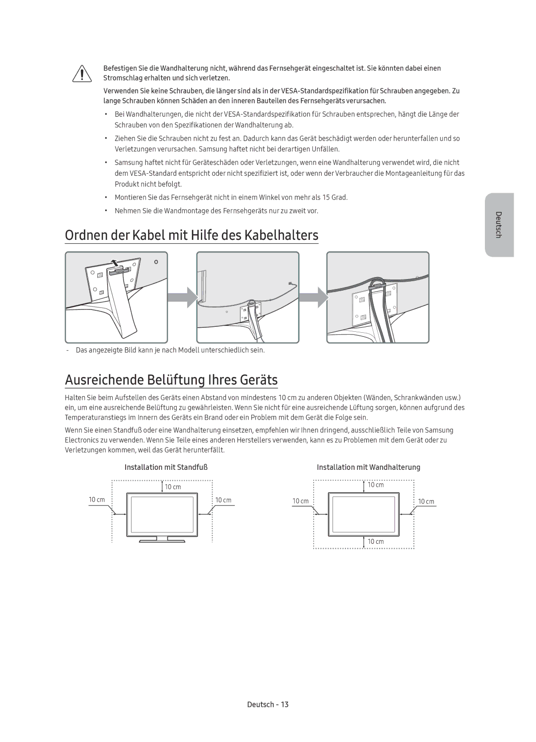 Samsung UE55KU6670UXZF, UE55KU6650UXZG Ordnen der Kabel mit Hilfe des Kabelhalters, Ausreichende Belüftung Ihres Geräts 