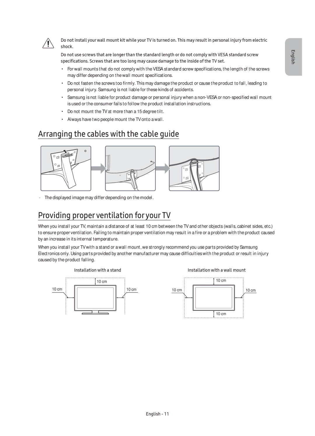 Samsung UE55KU6640SXXN, UE55KU6670SXXH Arranging the cables with the cable guide, Providing proper ventilation for your TV 