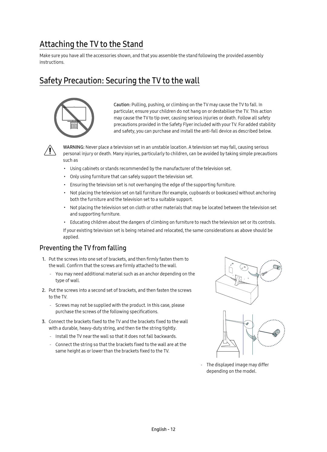 Samsung UE43KU6670SXXH, UE55KU6670SXXH manual Attaching the TV to the Stand, Safety Precaution Securing the TV to the wall 