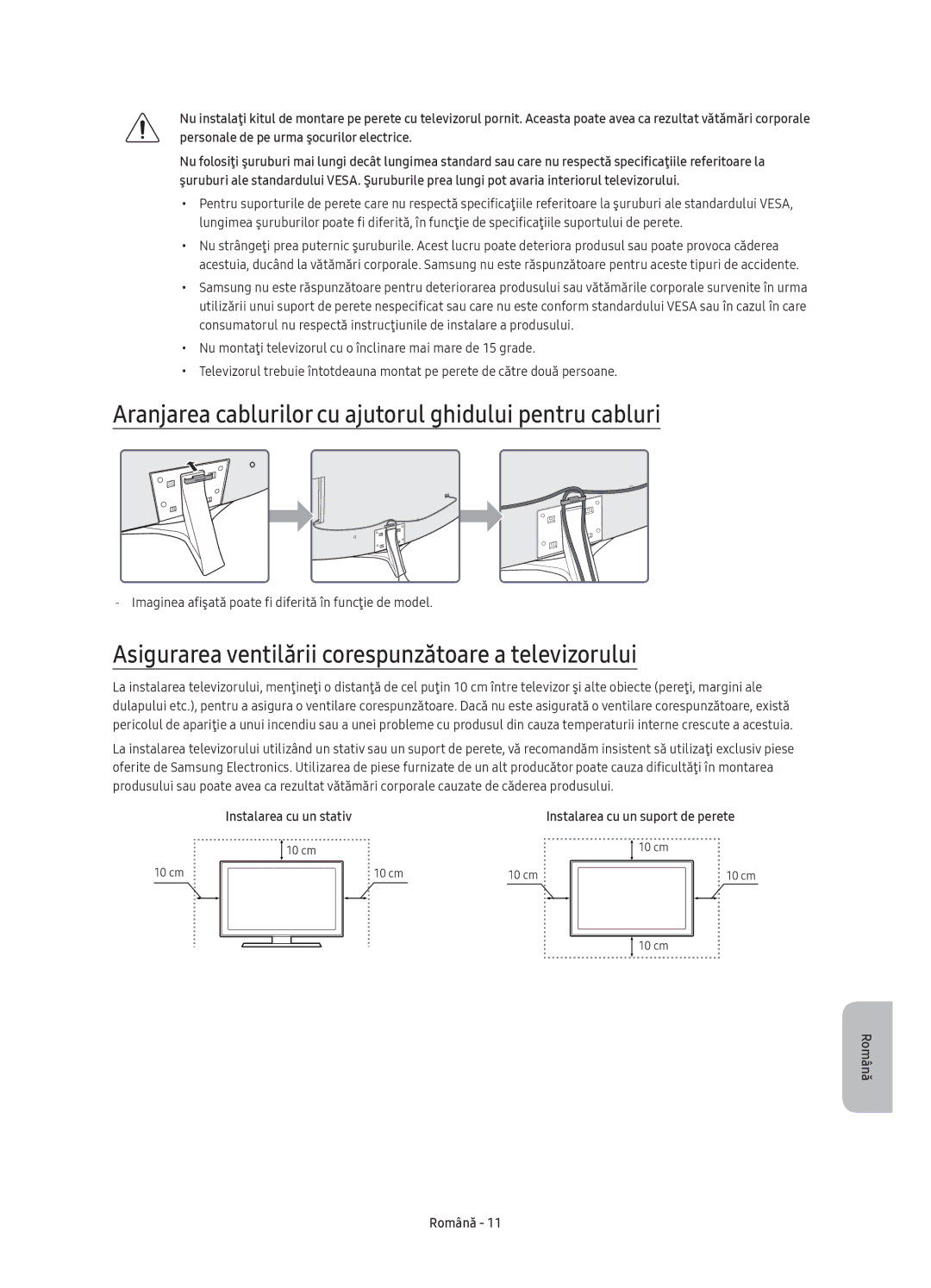 Samsung UE49KU6652UXXH, UE55KU6670SXXH Aranjarea cablurilor cu ajutorul ghidului pentru cabluri, Instalarea cu un stativ 