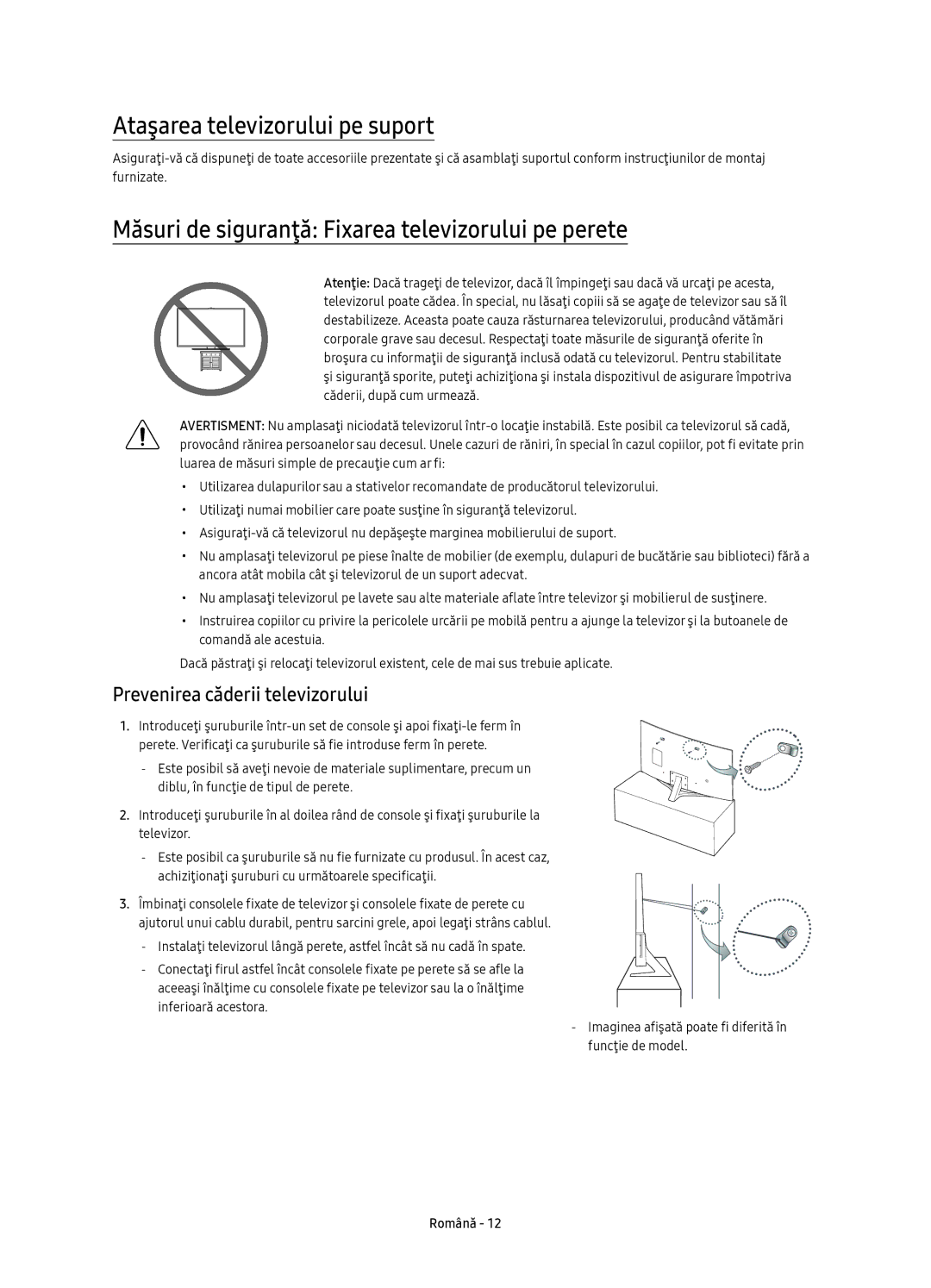 Samsung UE55KU6652UXXH manual Ataşarea televizorului pe suport, Măsuri de siguranţă Fixarea televizorului pe perete 