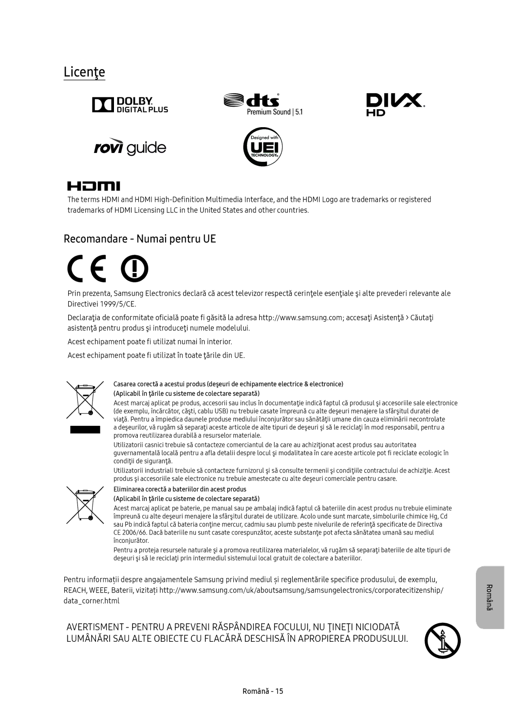 Samsung UE49KU6642UXXH, UE55KU6670SXXH, UE55KU6640SXXH, UE49KU6640SXXH, UE65KU6680SXXH Licenţe, Recomandare Numai pentru UE 