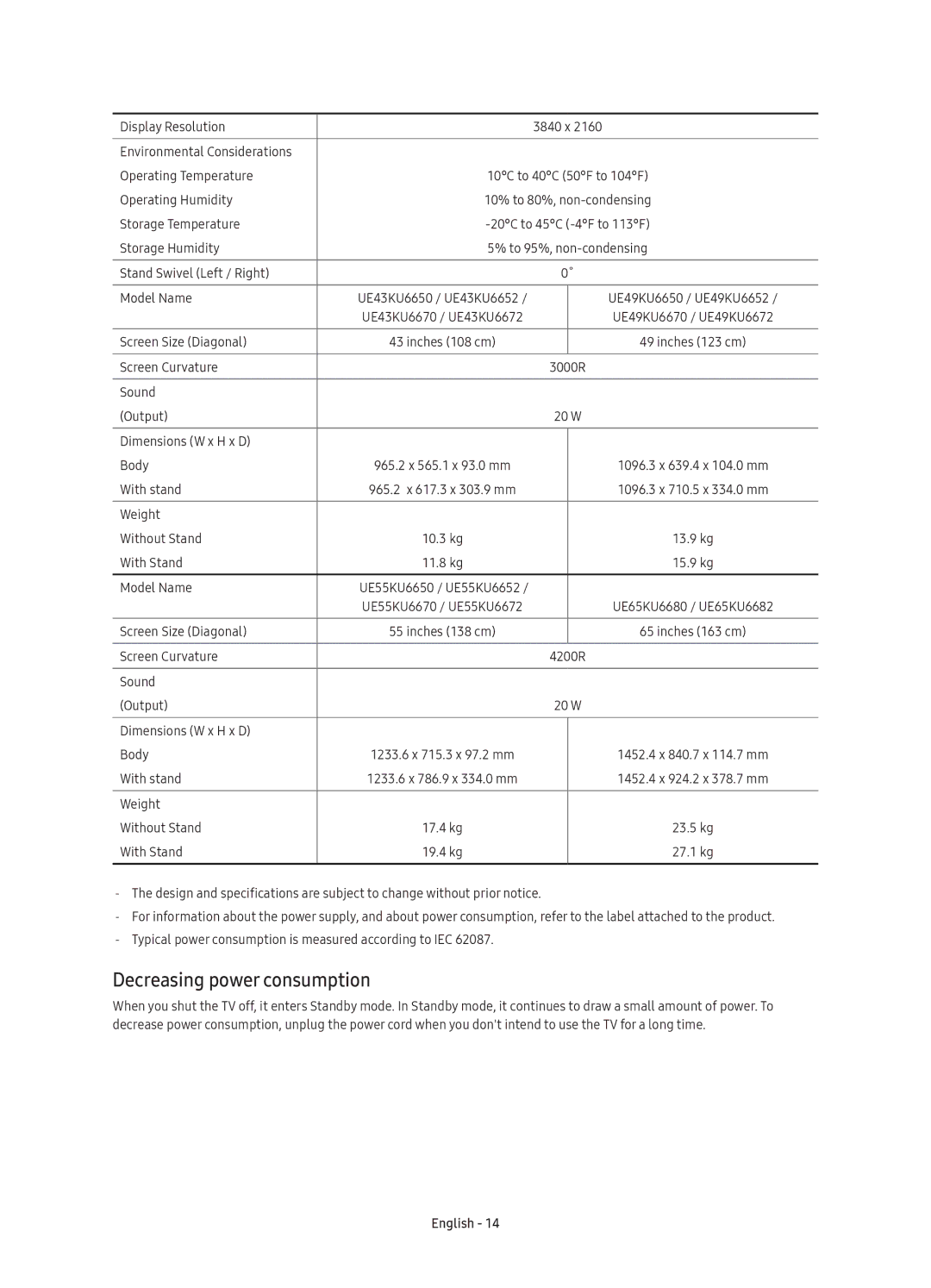 Samsung UE49KU6650SXXN, UE55KU6670SXXH, UE55KU6640SXXH, UE49KU6640SXXH, UE65KU6680SXXH manual Decreasing power consumption 