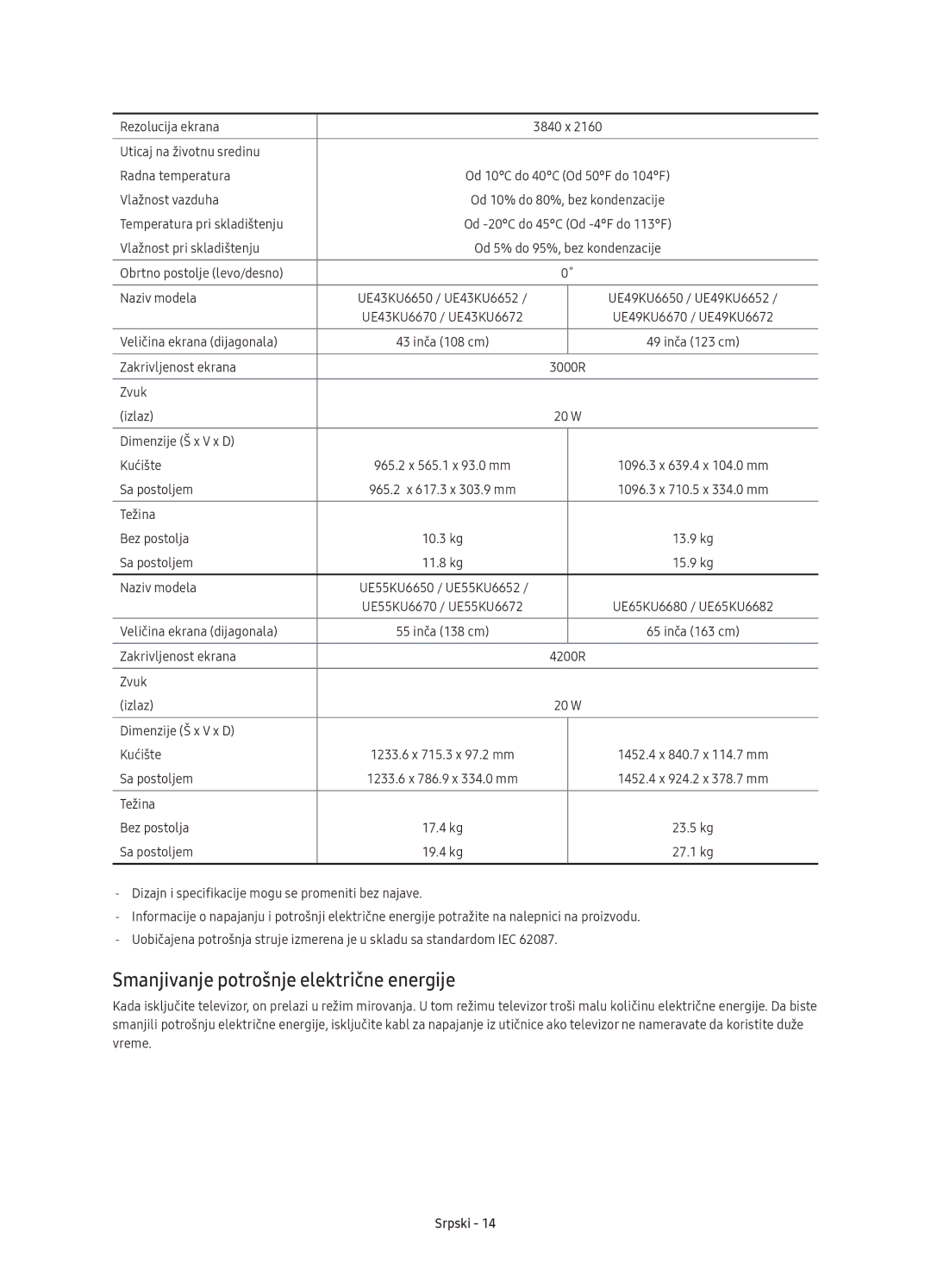 Samsung UE43KU6672UXXH Smanjivanje potrošnje električne energije, Dizajn i specifikacije mogu se promeniti bez najave 