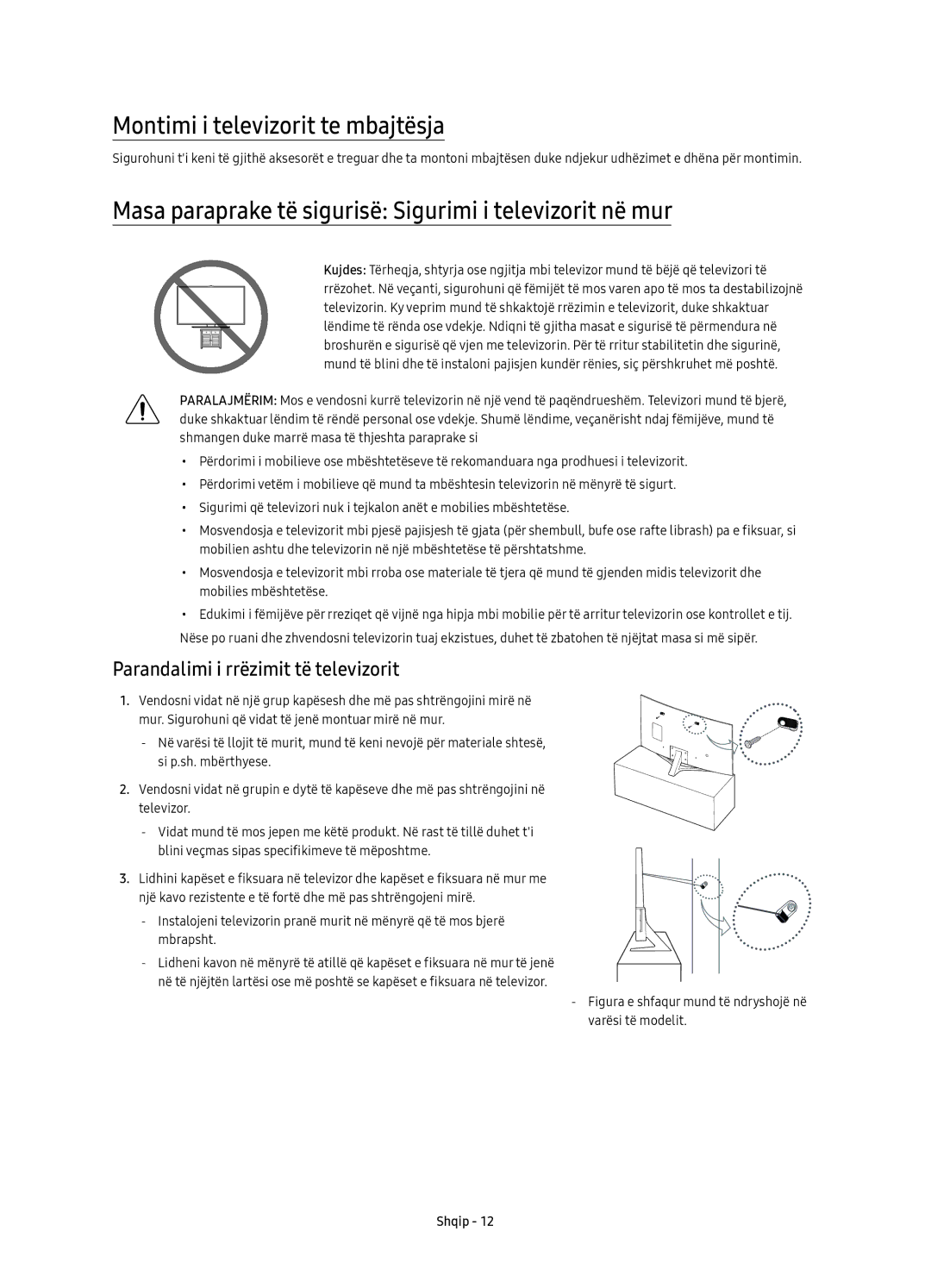 Samsung UE43KU6642UXXH manual Montimi i televizorit te mbajtësja, Masa paraprake të sigurisë Sigurimi i televizorit në mur 