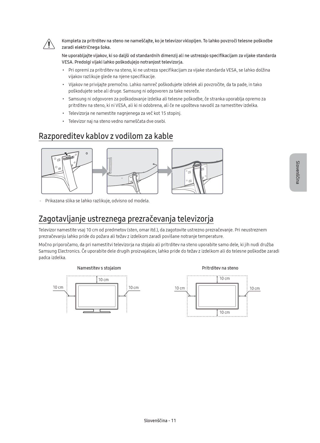 Samsung UE49KU6642UXXH manual Razporeditev kablov z vodilom za kable, Zagotavljanje ustreznega prezračevanja televizorja 