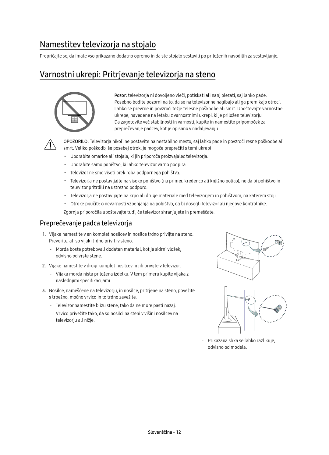 Samsung UE49KU6670SXXH manual Namestitev televizorja na stojalo, Varnostni ukrepi Pritrjevanje televizorja na steno 