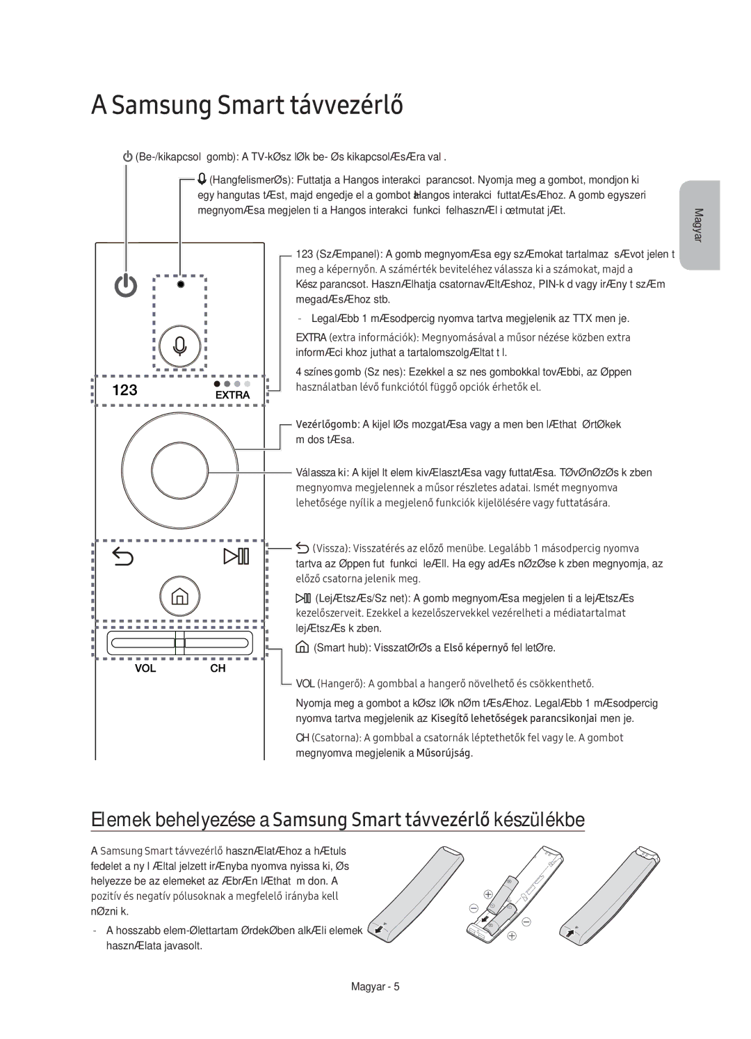 Samsung UE49KU6652UXXH, UE55KU6670SXXH, UE55KU6640SXXH manual Elemek behelyezése a Samsung Smart távvezérlő készülékbe 