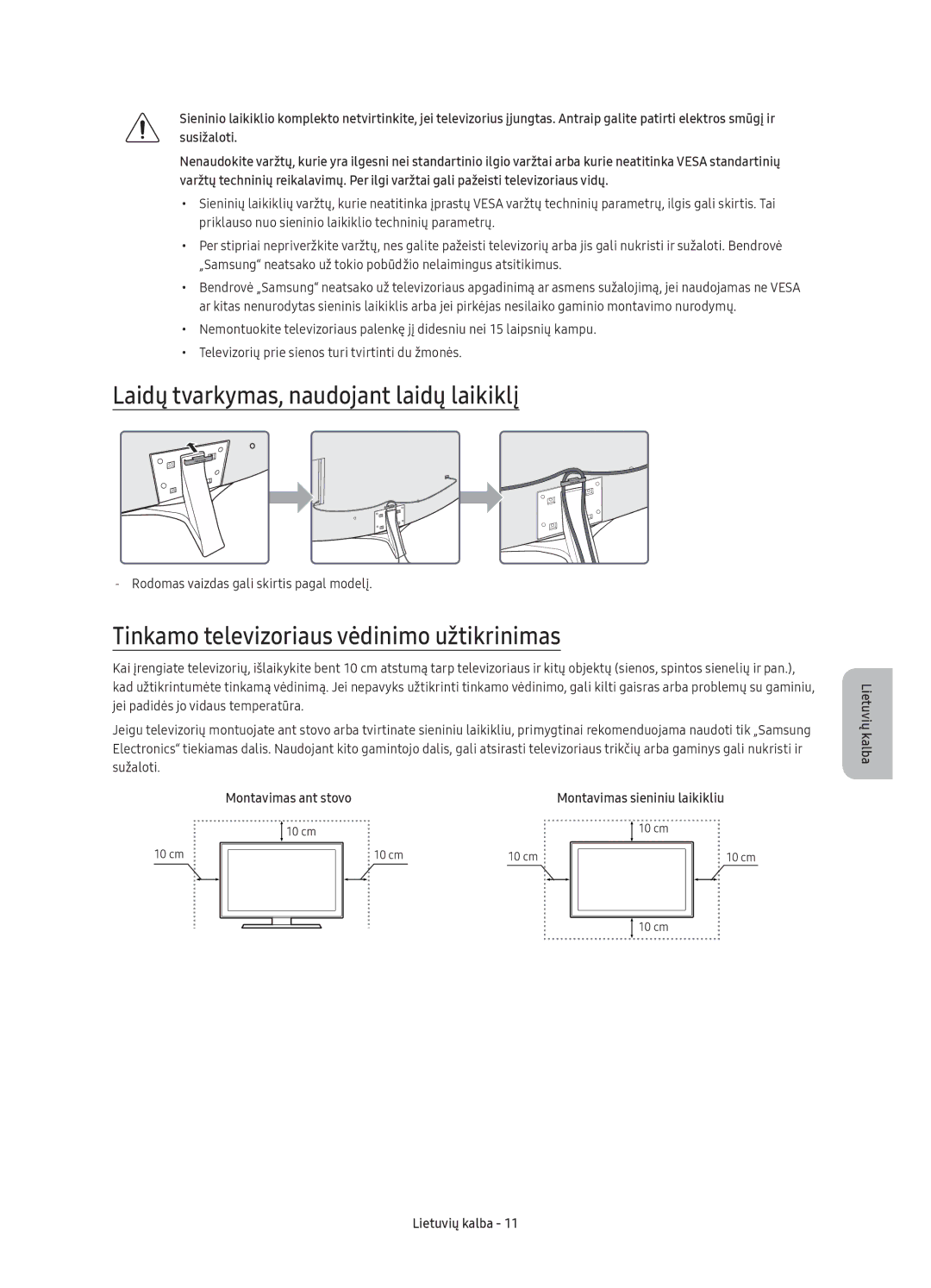 Samsung UE65KU6680SXXN manual Laidų tvarkymas, naudojant laidų laikiklį, Tinkamo televizoriaus vėdinimo užtikrinimas 