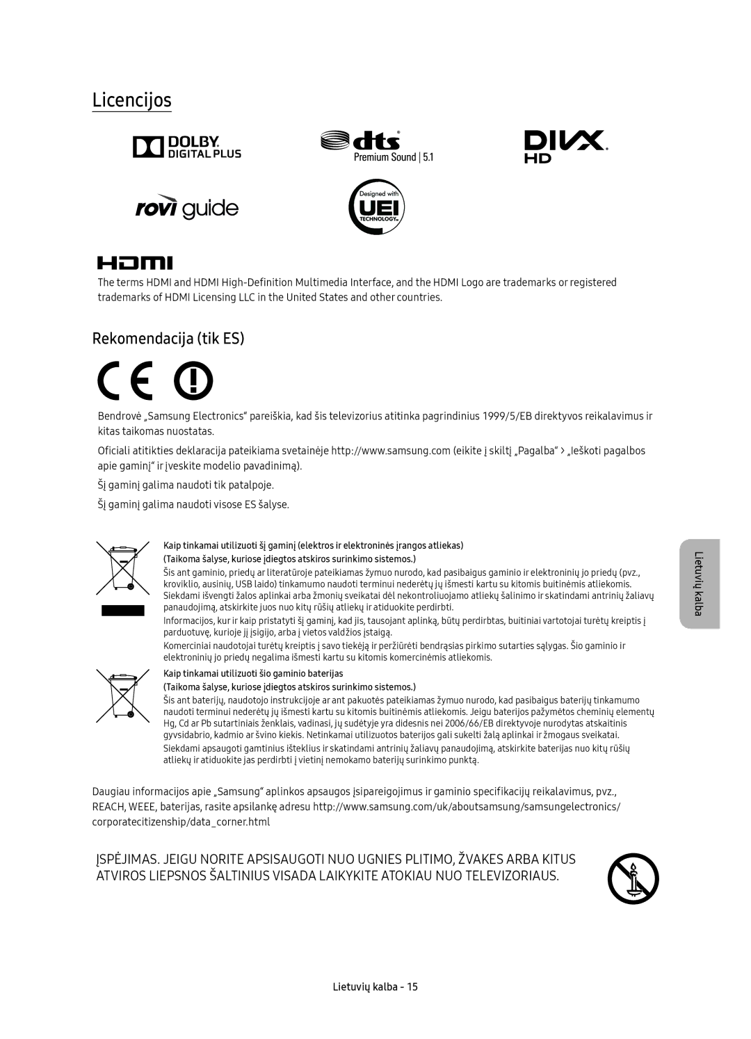 Samsung UE65KU6680SXXH, UE55KU6670SXXH, UE55KU6640SXXH, UE49KU6640SXXH, UE43KU6670SXXN manual Licencijos, Rekomendacija tik ES 