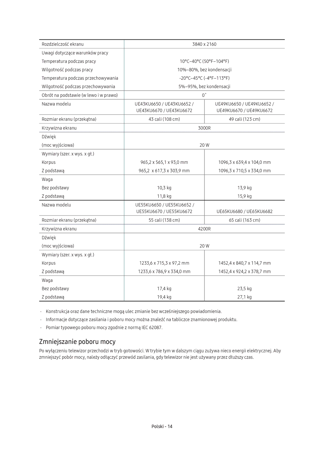 Samsung UE55KU6650SXXH, UE55KU6670SXXH, UE55KU6640SXXH, UE49KU6640SXXH, UE65KU6680SXXH manual Zmniejszanie poboru mocy 