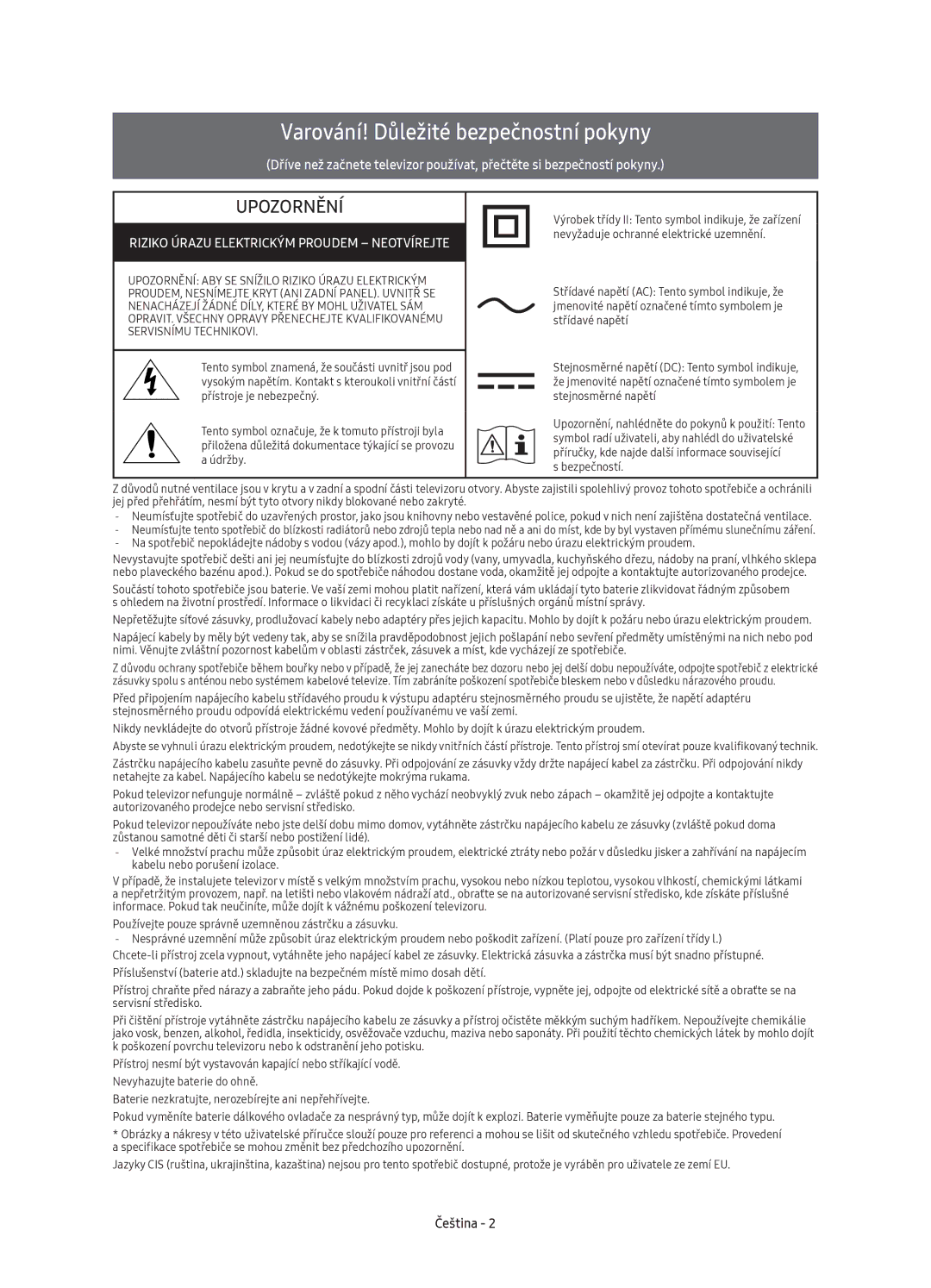 Samsung UE49KU6672UXXH, UE55KU6670SXXH, UE55KU6640SXXH, UE49KU6640SXXH manual Varování! Důležité bezpečnostní pokyny, Čeština 