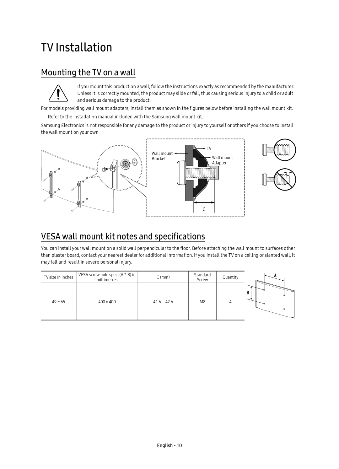 Samsung UE49KU7350UXSQ manual TV Installation, Mounting the TV on a wall, Vesa wall mount kit notes and specifications 