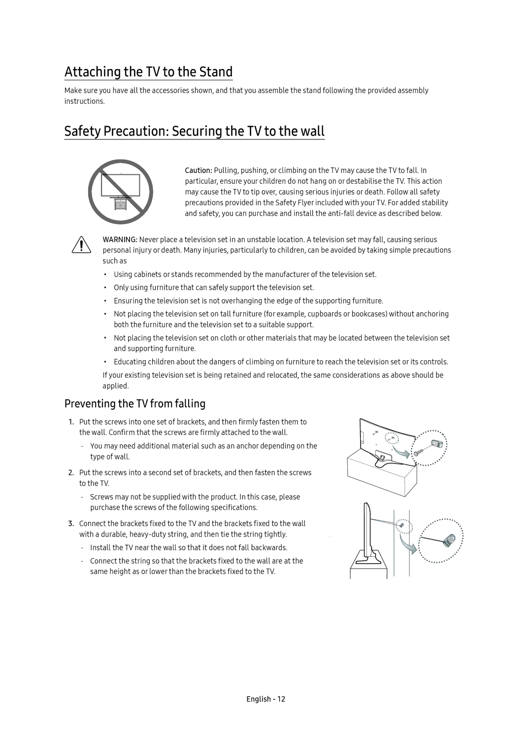 Samsung UE55KU7350UXSQ, UE49KU7350UXSQ manual Attaching the TV to the Stand, Safety Precaution Securing the TV to the wall 