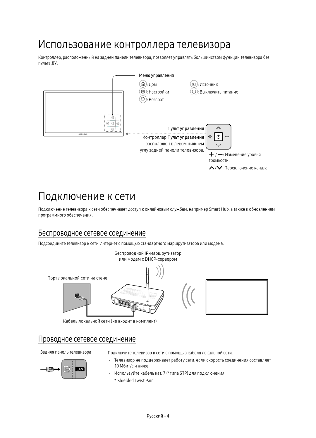 Samsung UE55KU7350UXSQ manual Использование контроллера телевизора, Подключение к сети, Беспроводное сетевое соединение 