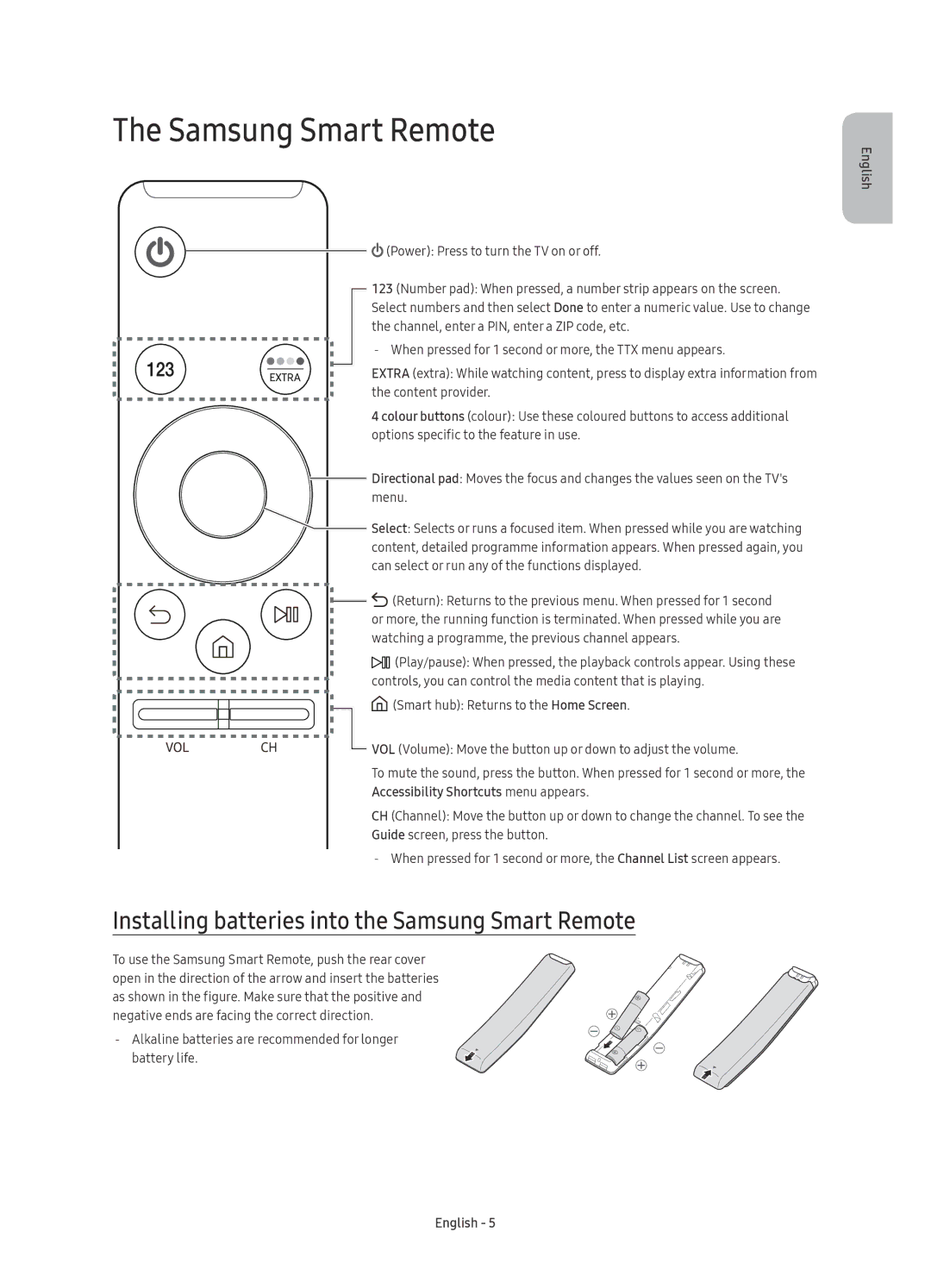 Samsung UE65KU7350UXSQ, UE55KU7350UXSQ, UE49KU7350UXSQ manual Installing batteries into the Samsung Smart Remote 