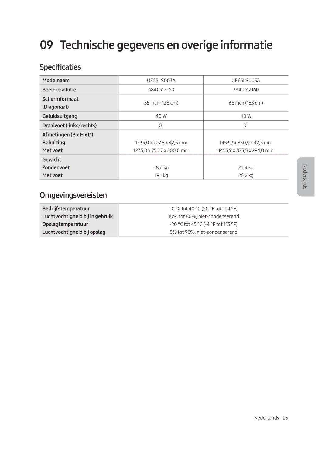 Samsung UE65LS003ASXXN, UE55LS003ASXXN manual Specificaties, Omgevingsvereisten 