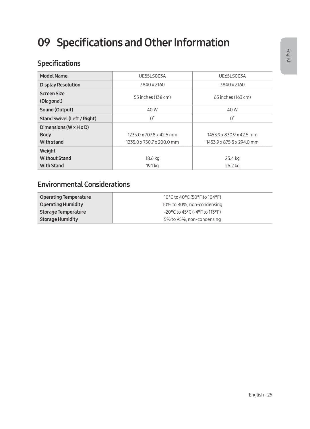 Samsung UE65LS003ASXXN, UE55LS003ASXXN manual Specifications and Other Information, Environmental Considerations 